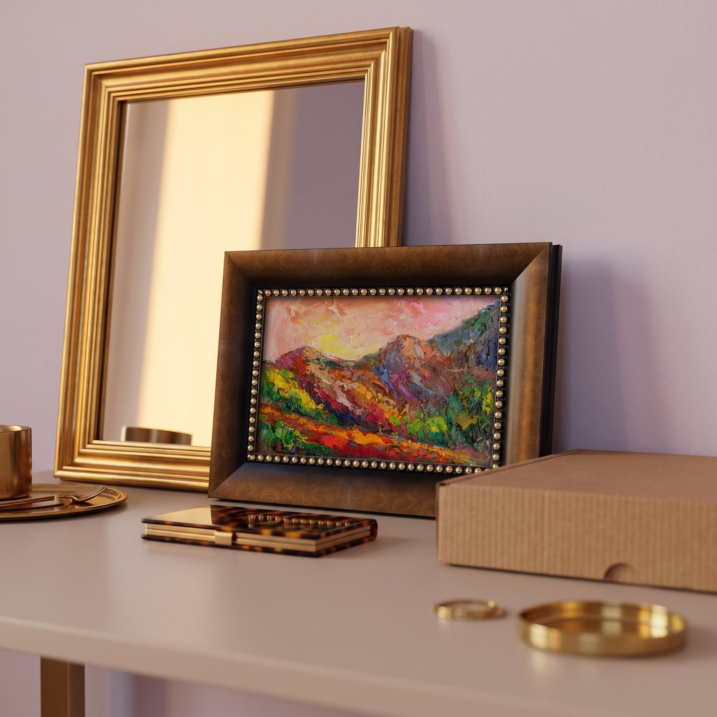 Contemporary entryway — vibrant landscape painting adds color and emotion to minimalist decor