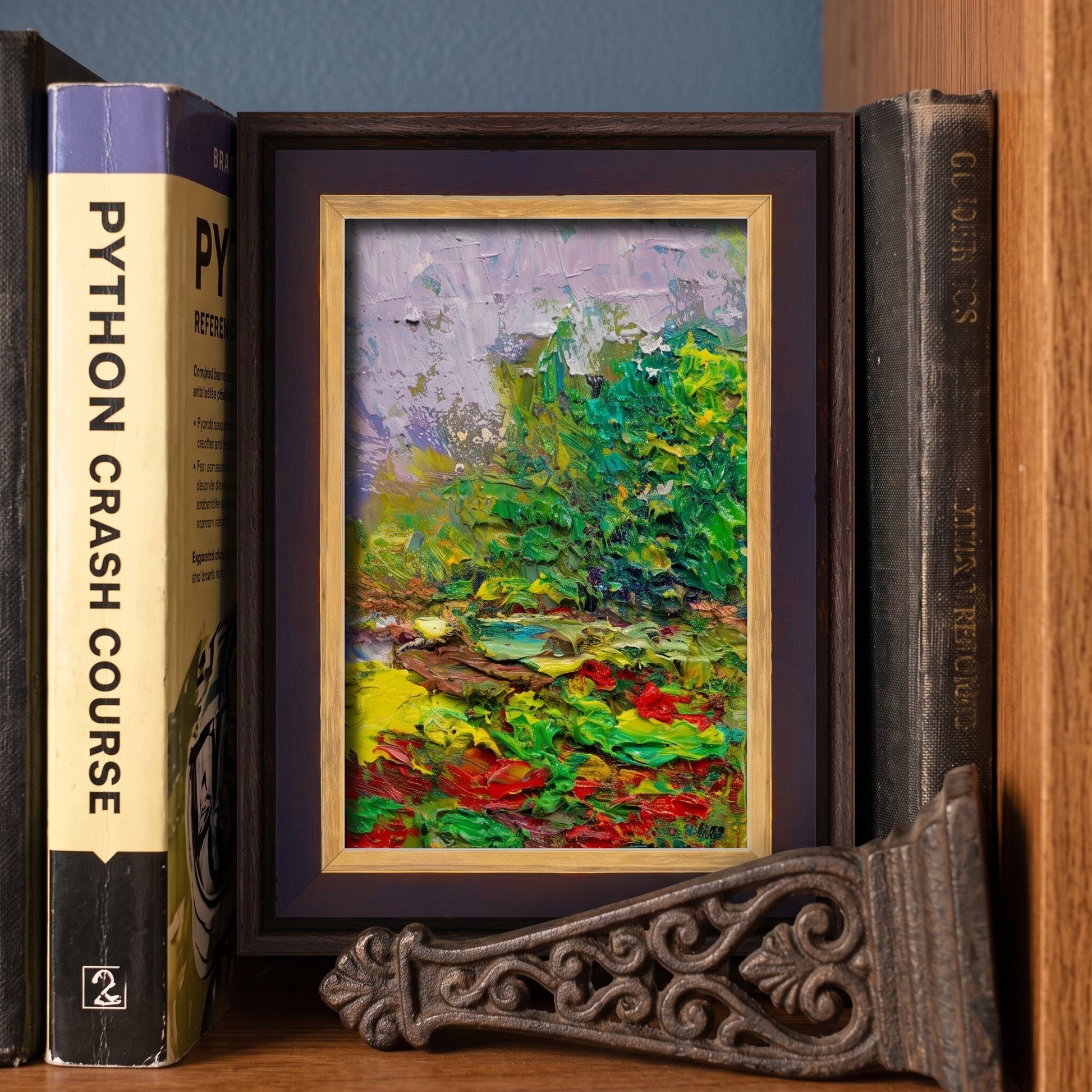 Home study, rustic farmhouse — vibrant expressionist landscape elevates intellectual ambiance with bold colors and texture