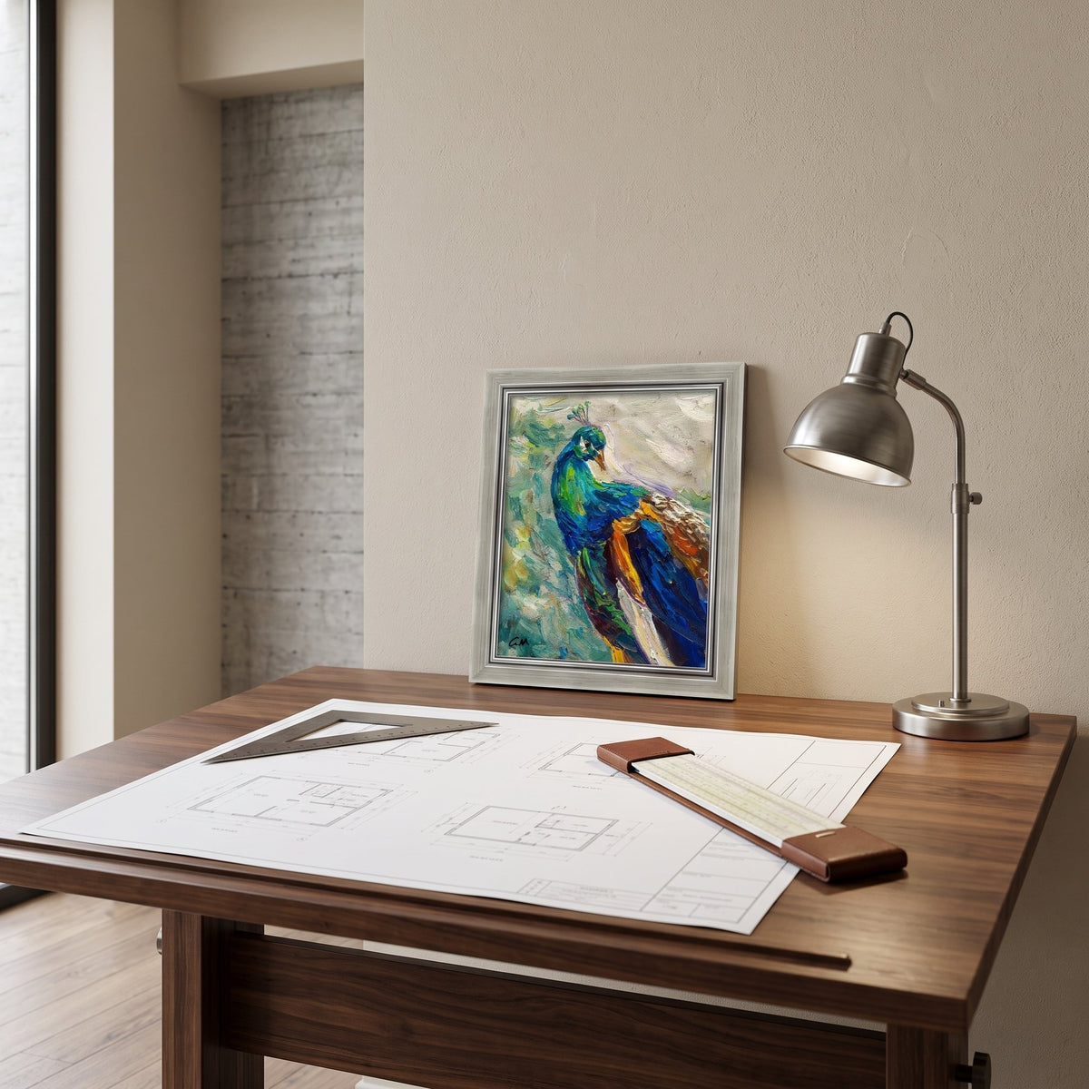 Minimalist home office — vibrant Impressionist peacock painting adds color and artistry to a serene workspace