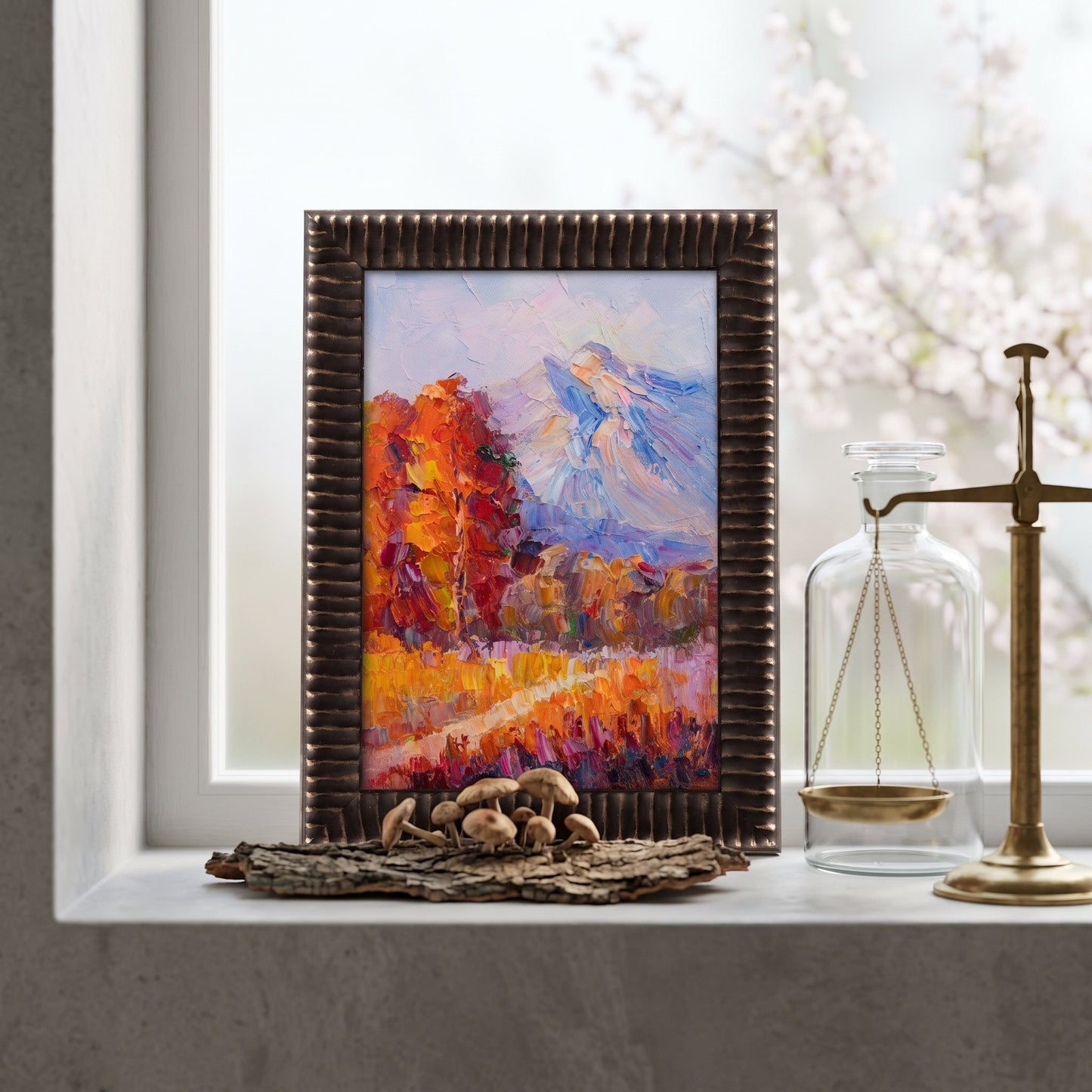 Minimalist living room — Vibrant Impressionist landscape transforms neutral space with warm autumn colors and textured depth
