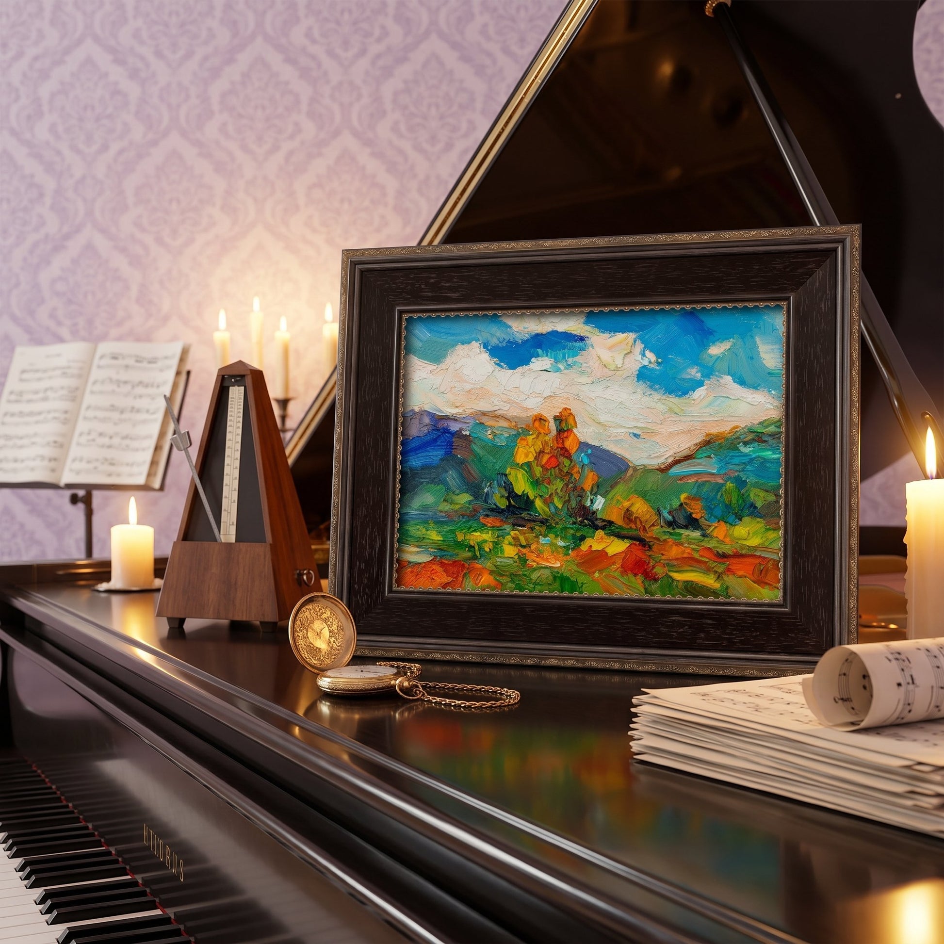 Music room, vintage elegance — vibrant Impressionist landscape elevates piano as artistic centerpiece