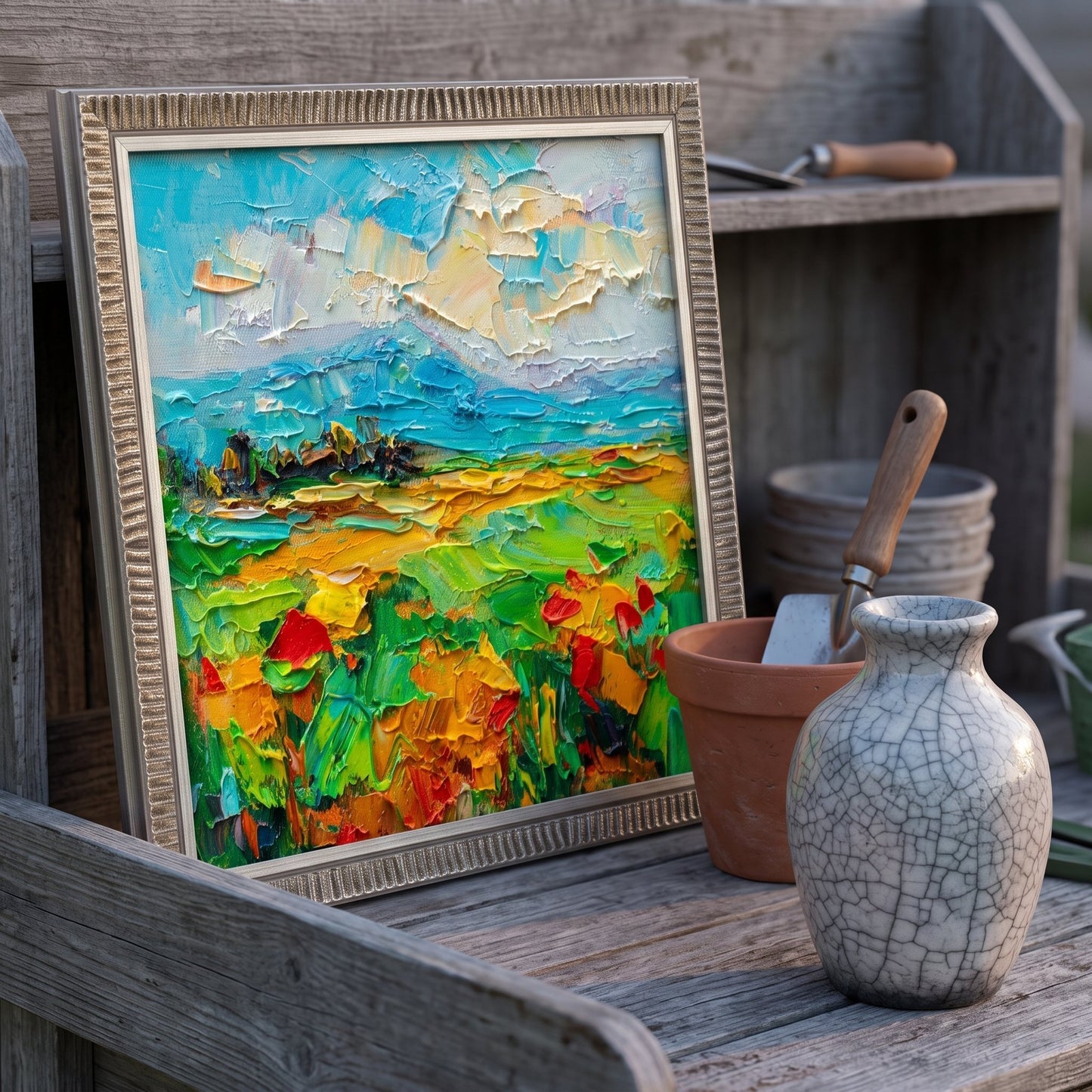 Rustic farmhouse garden shed — vibrant Impressionist landscape painting adds artistic energy to the natural setting