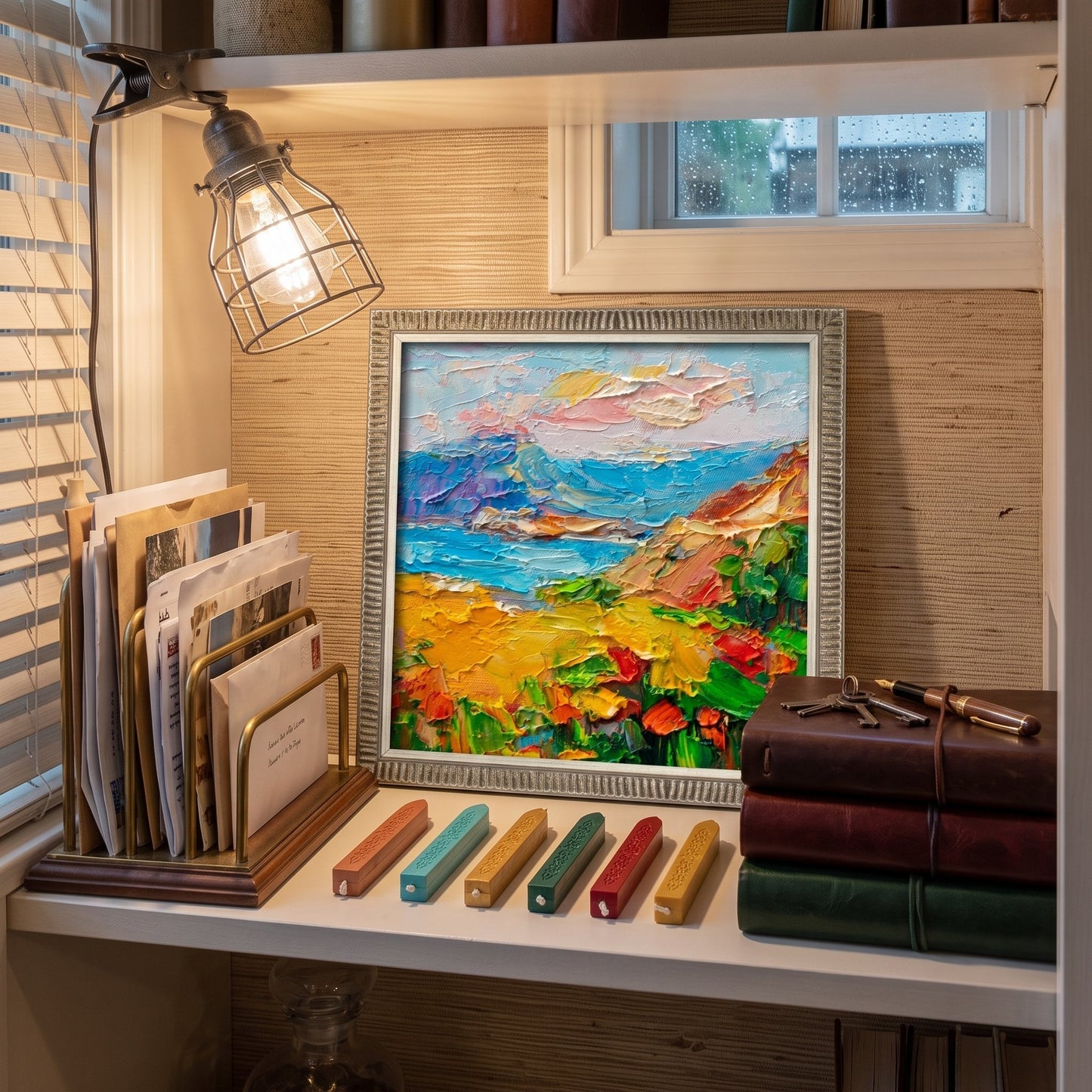 RusticFarmhouseStudy — VibrantImpressionistLandscapeElevatesCozyReadingNookWithColorAndTexture