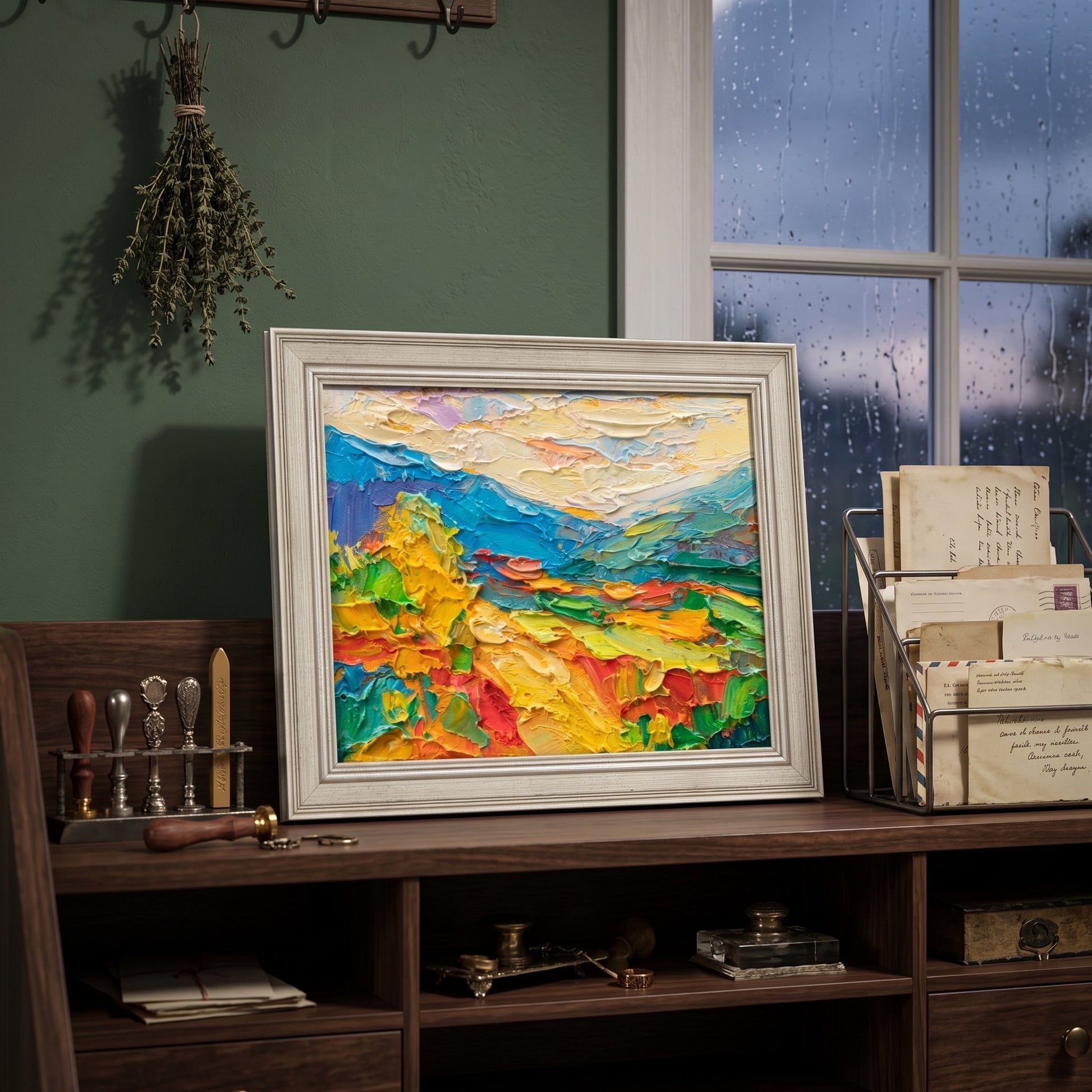 Rustic Farmhouse Study — Vibrant Impressionist Landscape Adds Warmth and Energy to Cozy Workspace