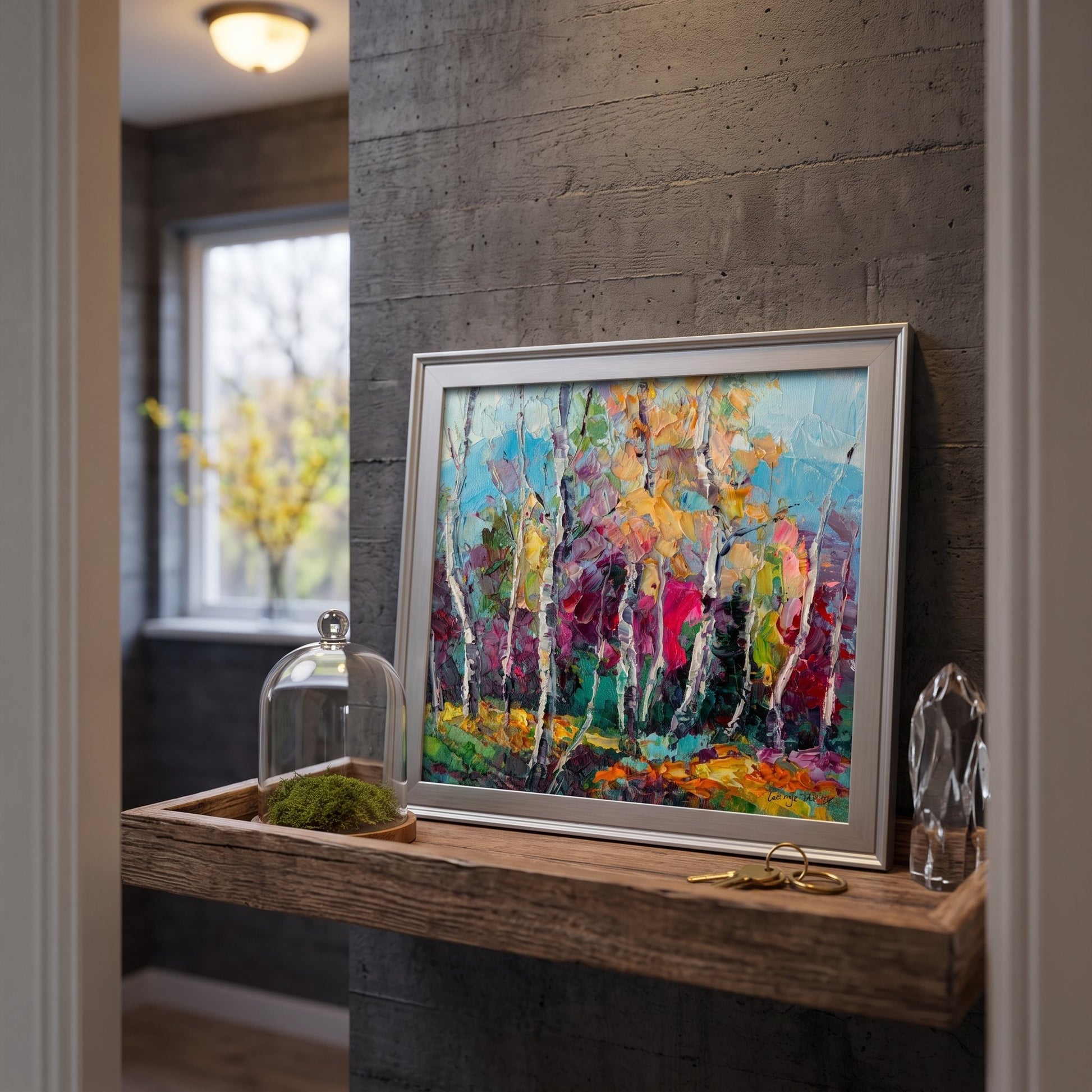 Industrial entryway — vibrant expressionist landscape painting transforms neutral space with bold color and texture