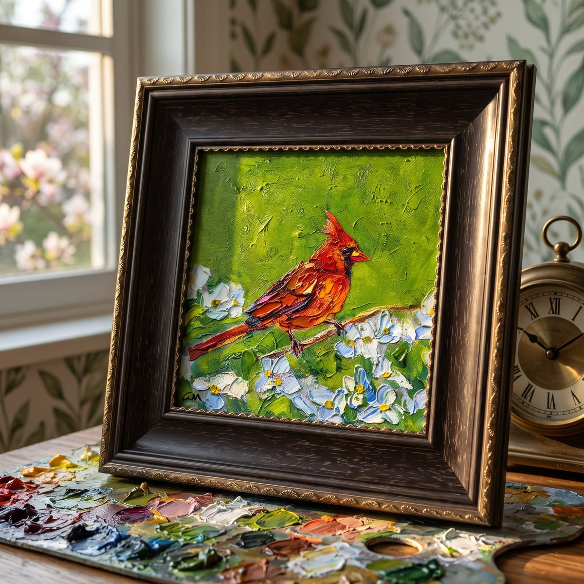 Vintage study — original Impressionist bird painting adds vibrant color and artistic warmth to a classic, nature-inspired space