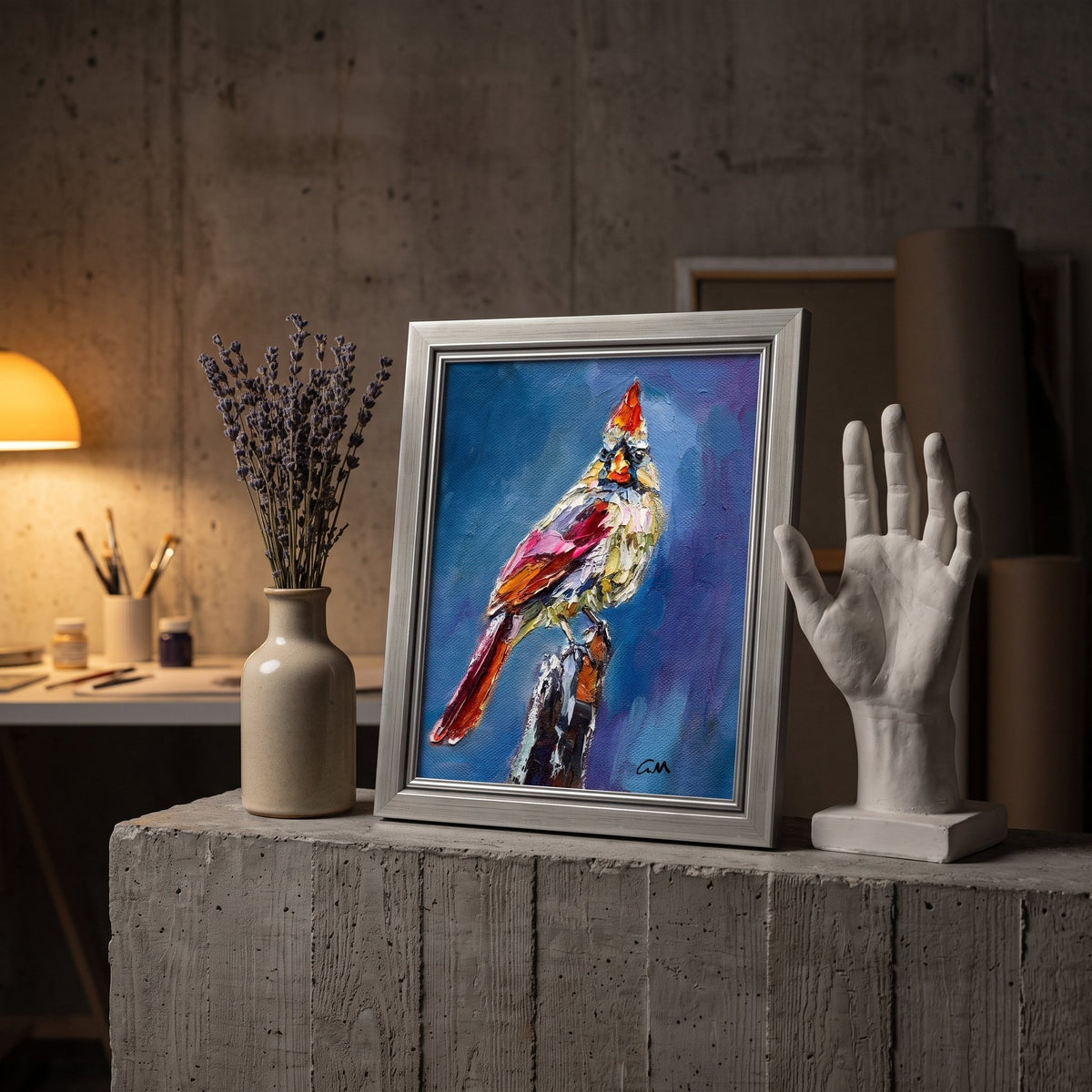 Industrial loft studio — vibrant expressionist bird painting transforms raw space into artistic sanctuary