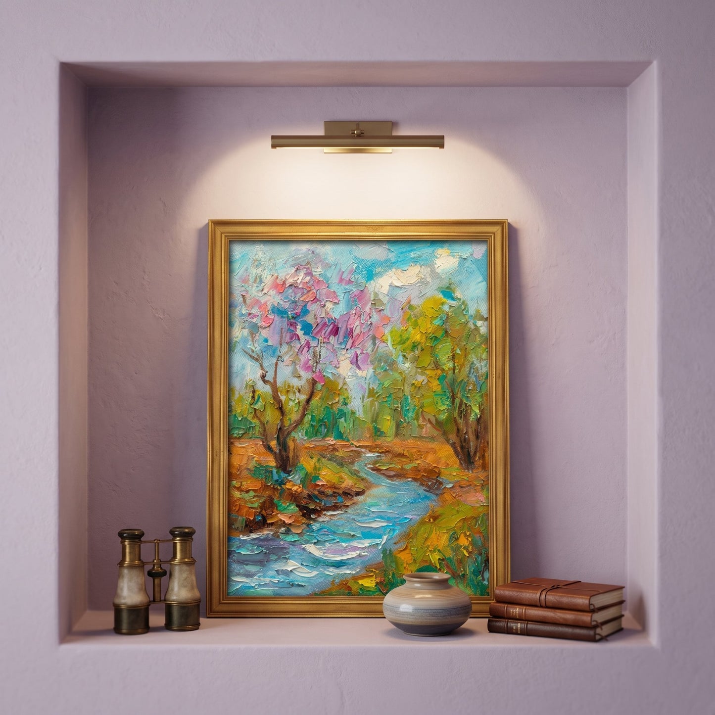 Contemporary minimalist reading nook — vibrant Impressionist landscape transforms the space with color and serenity