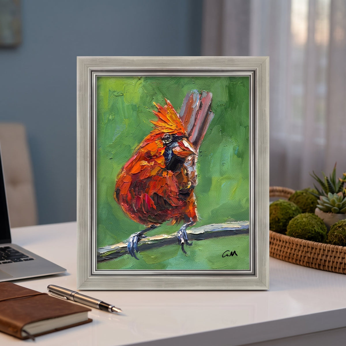 Home office, minimalist — Vibrant expressionist cardinal painting adds color and life to a serene workspace