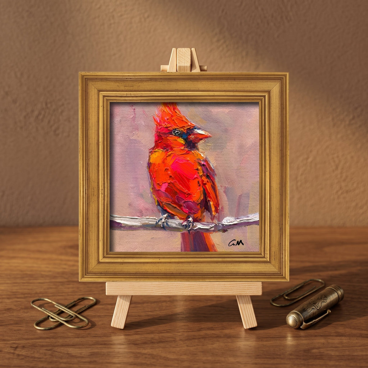 Study with vintage decor — vibrant expressionist cardinal painting adds warmth and artistic flair