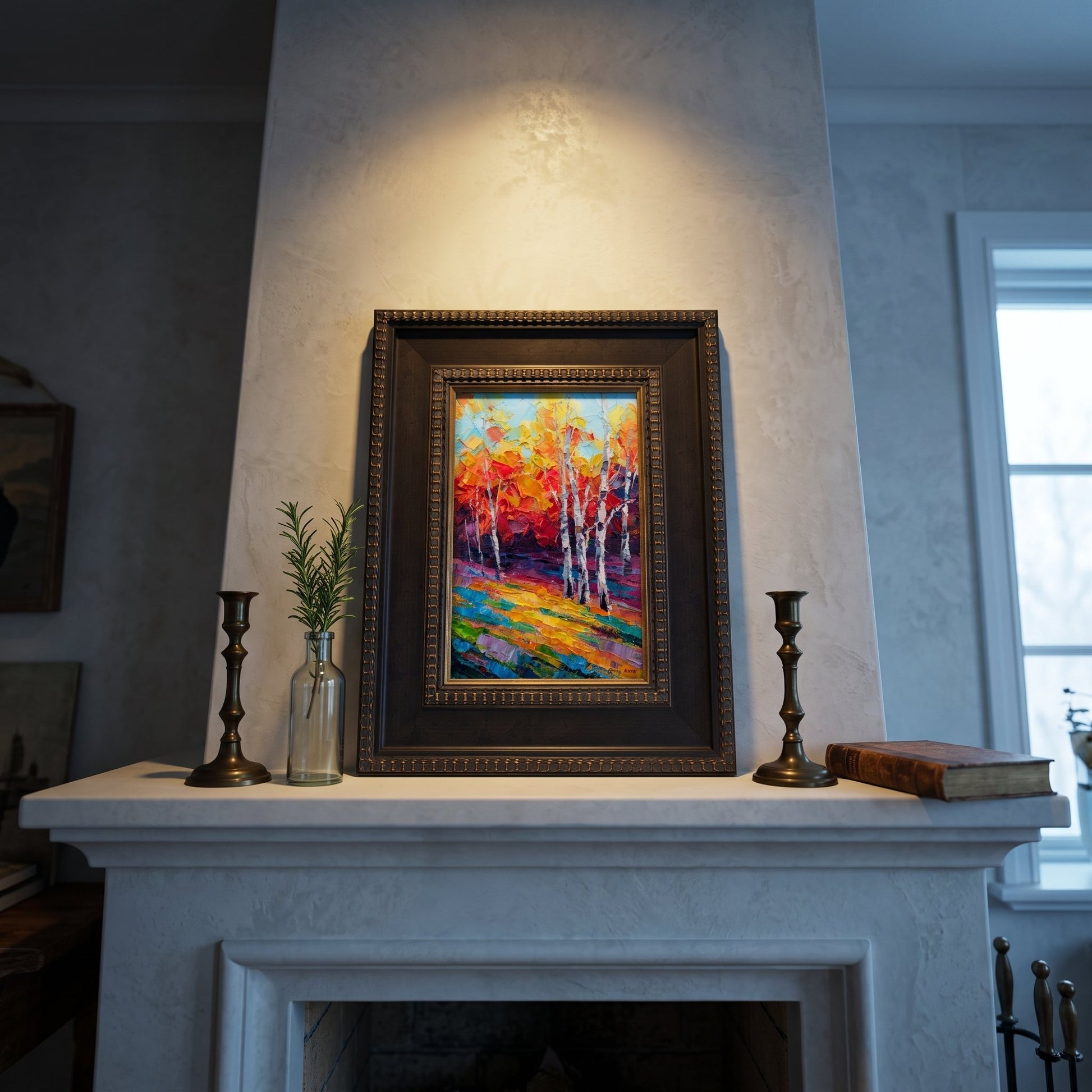 Traditional living room — vibrant Expressionist landscape transforms the mantel with bold color and emotional depth