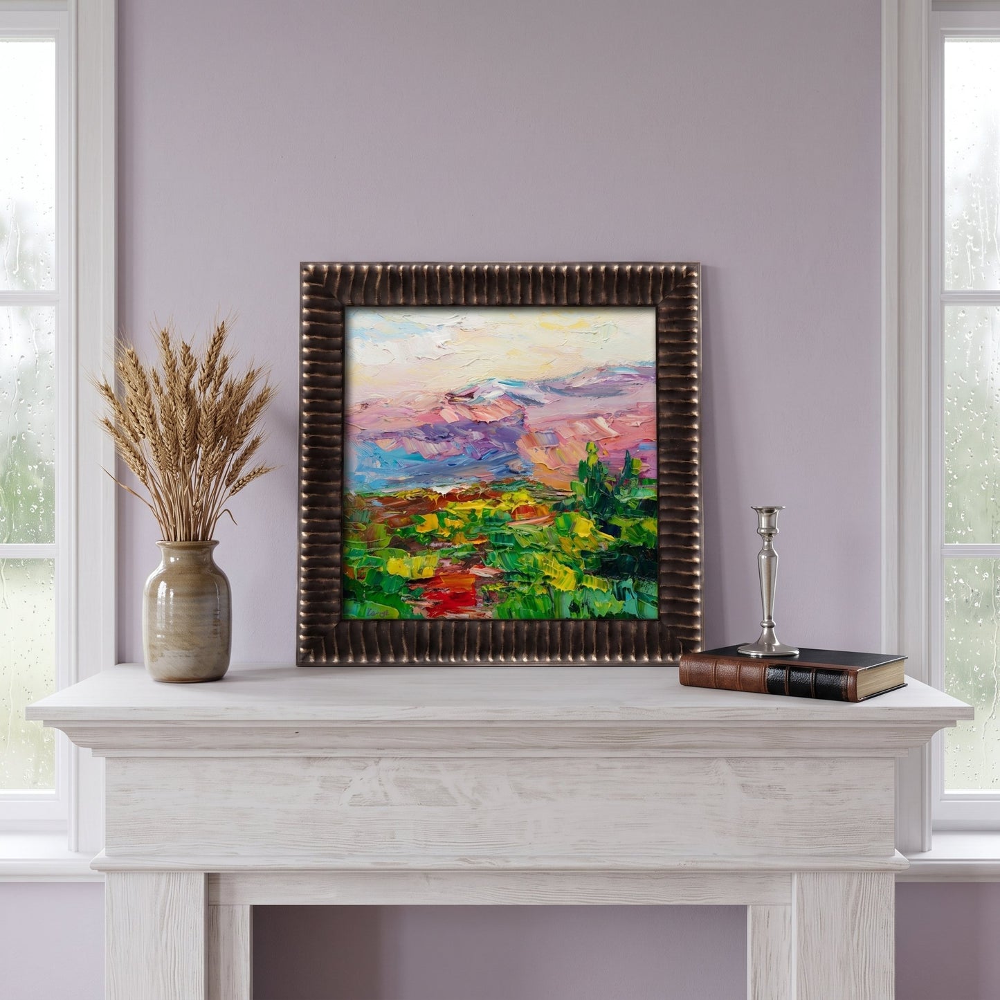 Contemporary entryway — vibrant Impressionist landscape transforms neutral space with color and texture