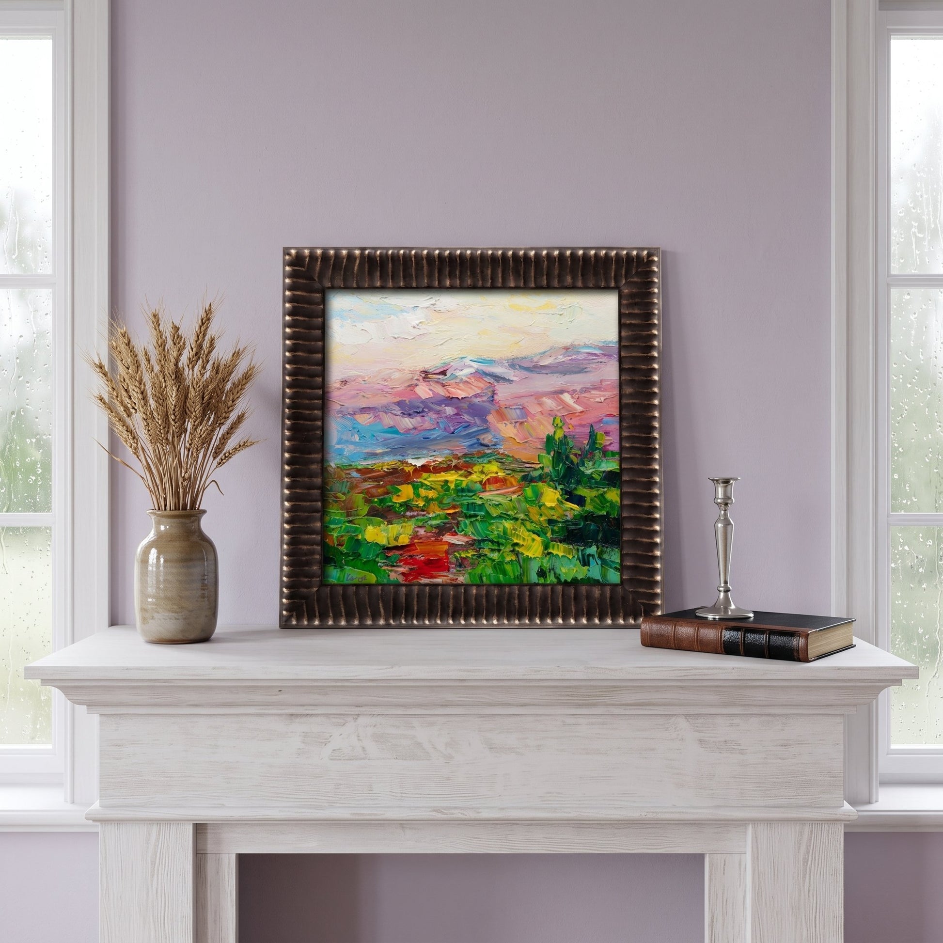 Contemporary entryway — vibrant Impressionist landscape transforms neutral space with color and texture