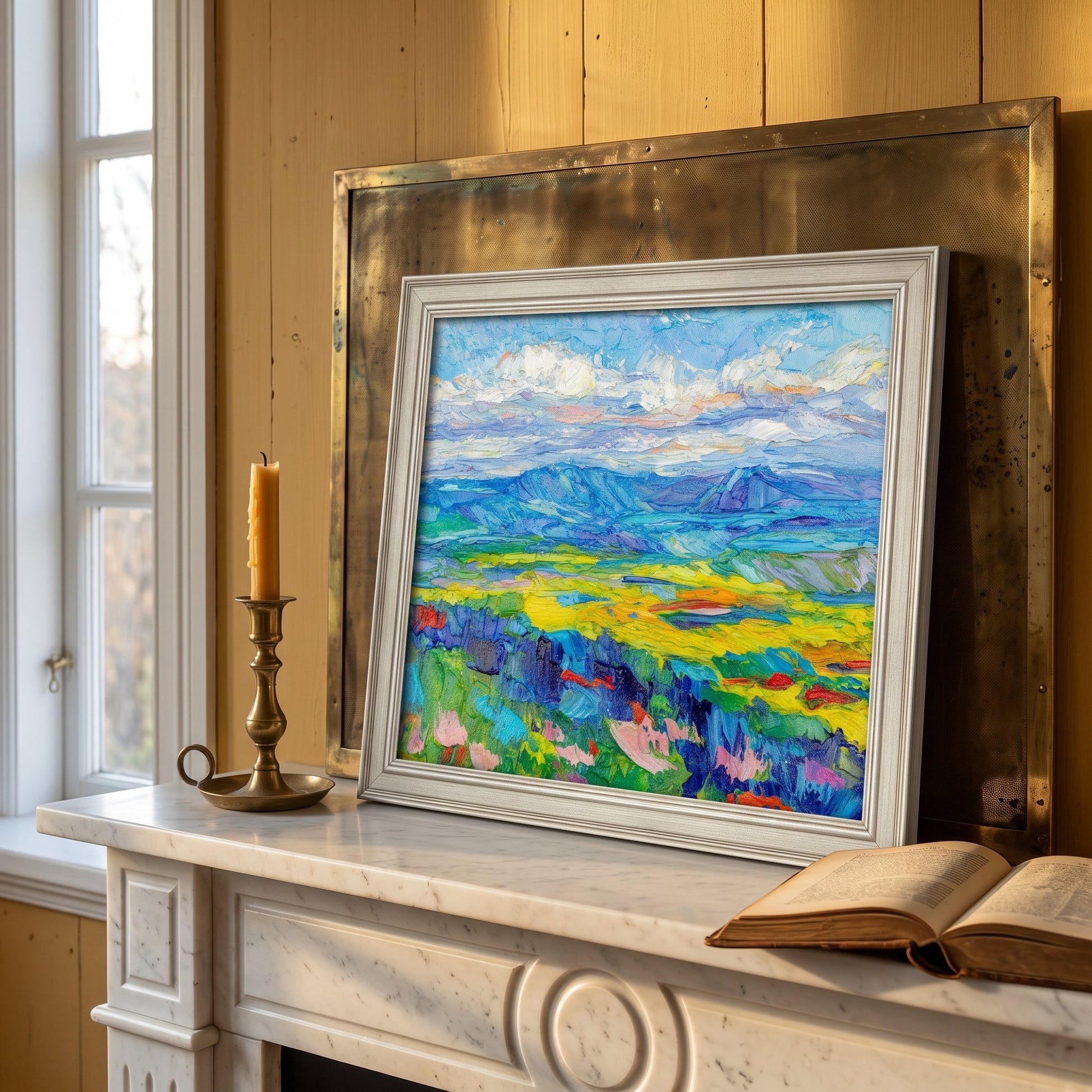 Rustic Farmhouse Living Room — Vibrant Impressionist Landscape Elevates Warm Wood Interior with Colorful Nature Scene