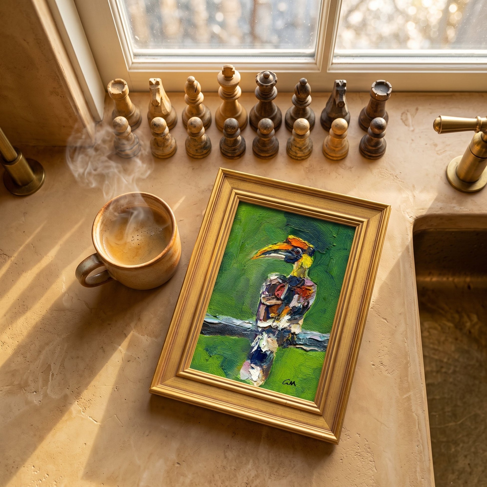 RusticFarmhouseKitchen — OriginalExpressionistBirdArt transforms countertop into a curated morning scene