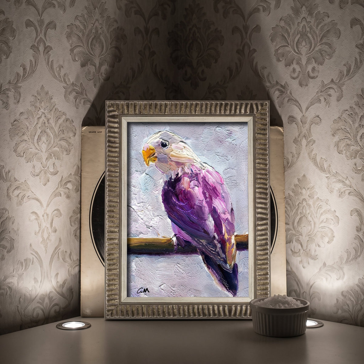 Study, Vintage-Inspired Decor — Vibrant expressionist bird painting adds artistic flair and color contrast to elegant, dimly lit space