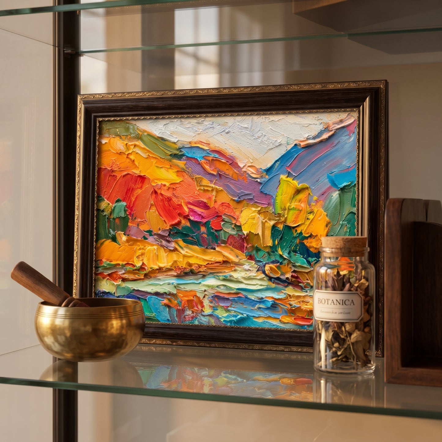 Contemporary living room — vibrant Expressionist landscape transforms minimalist space with bold color and textured emotion