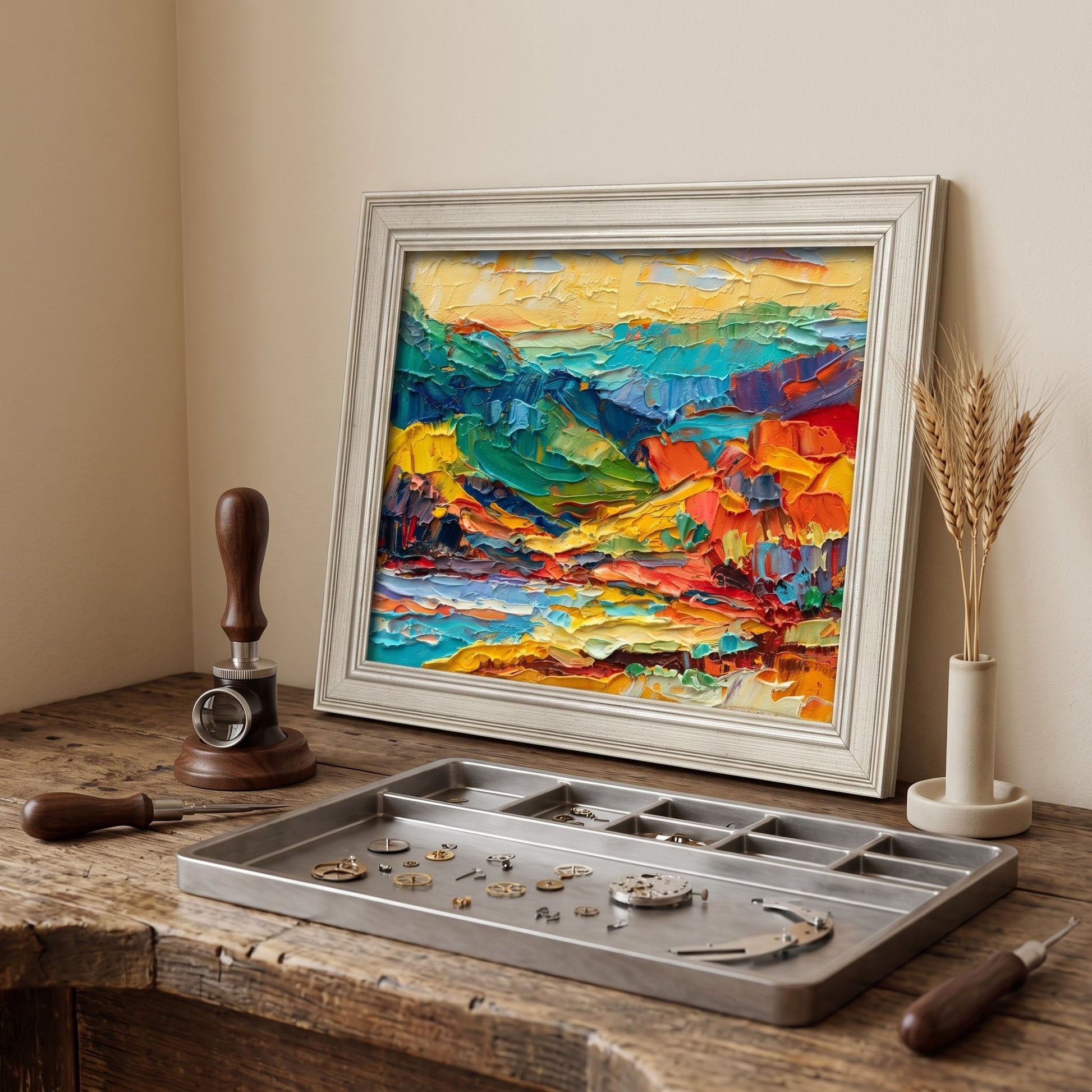 Rustic workshop — Vibrant expressionist landscape elevates artisanal workspace with bold color and texture