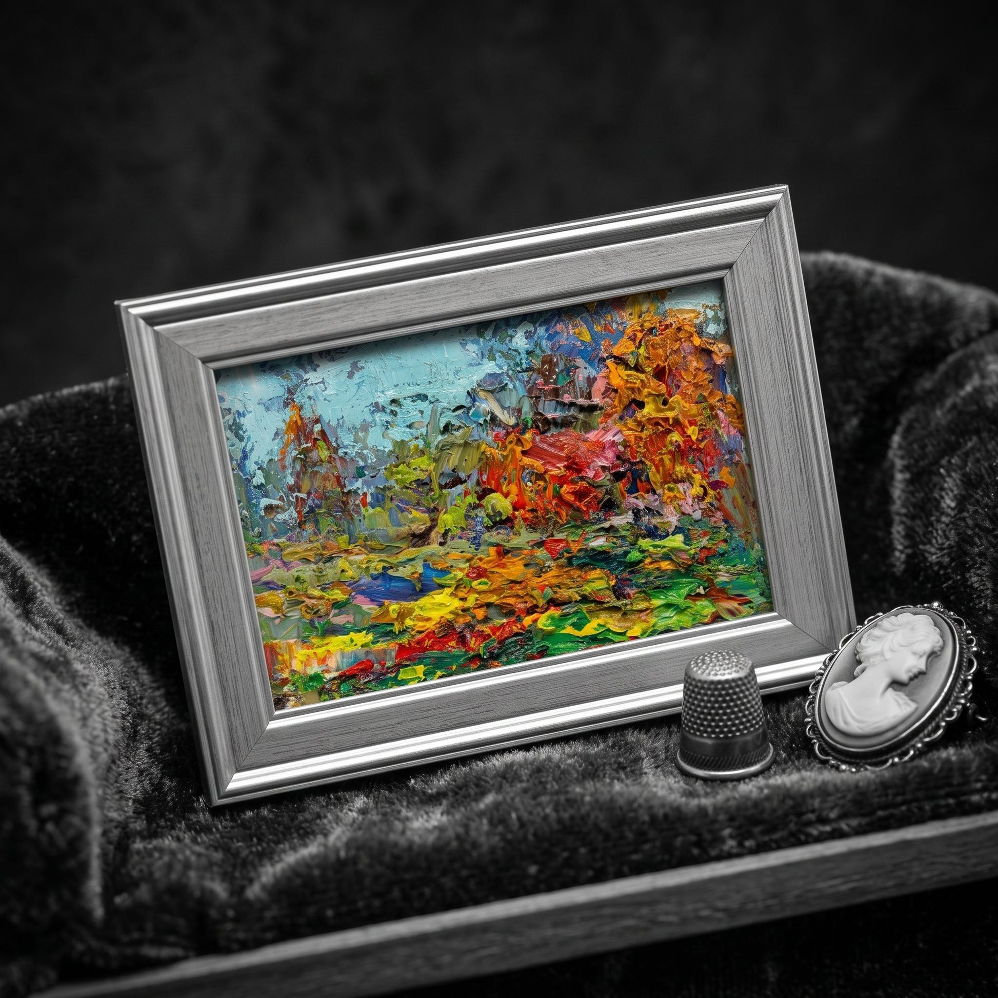 Minimalist study — Vibrant expressionist landscape painting adds bold color and texture to a monochrome space