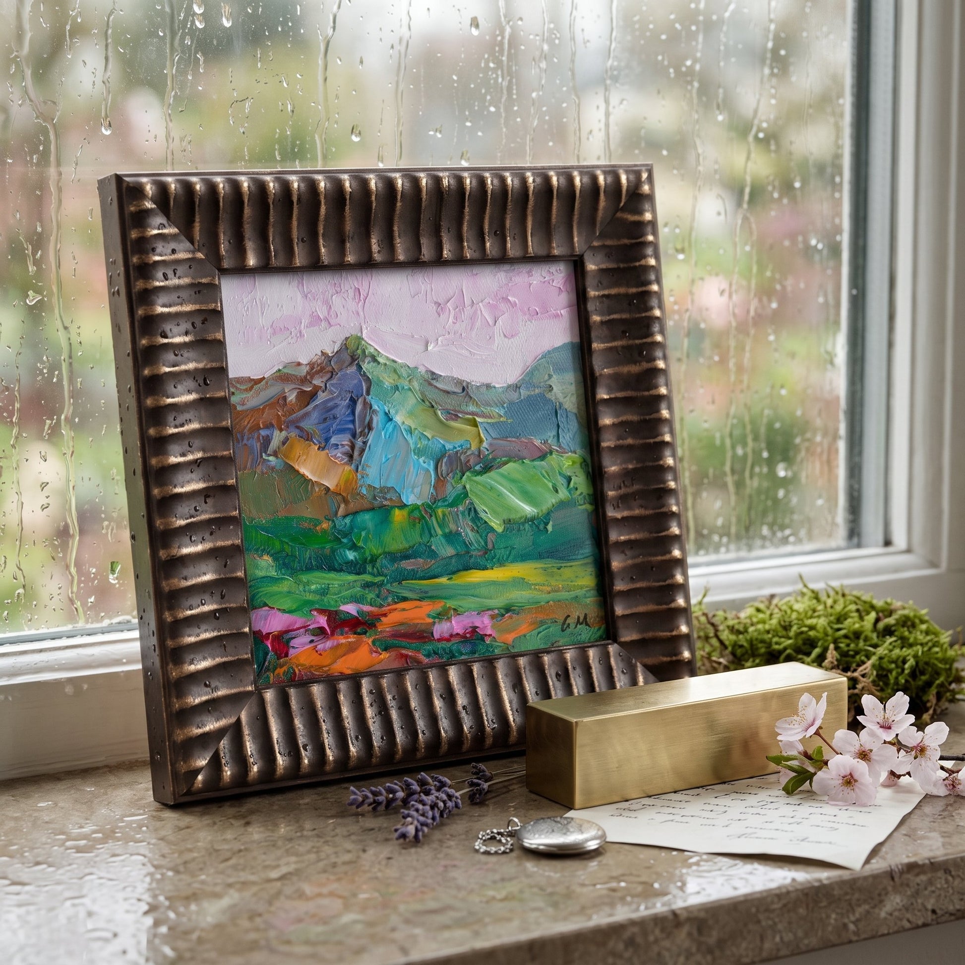 RusticFarmhouseBedroom — Expressive landscape painting adds vibrant color and emotional depth to a rain-soaked windowsill vignette