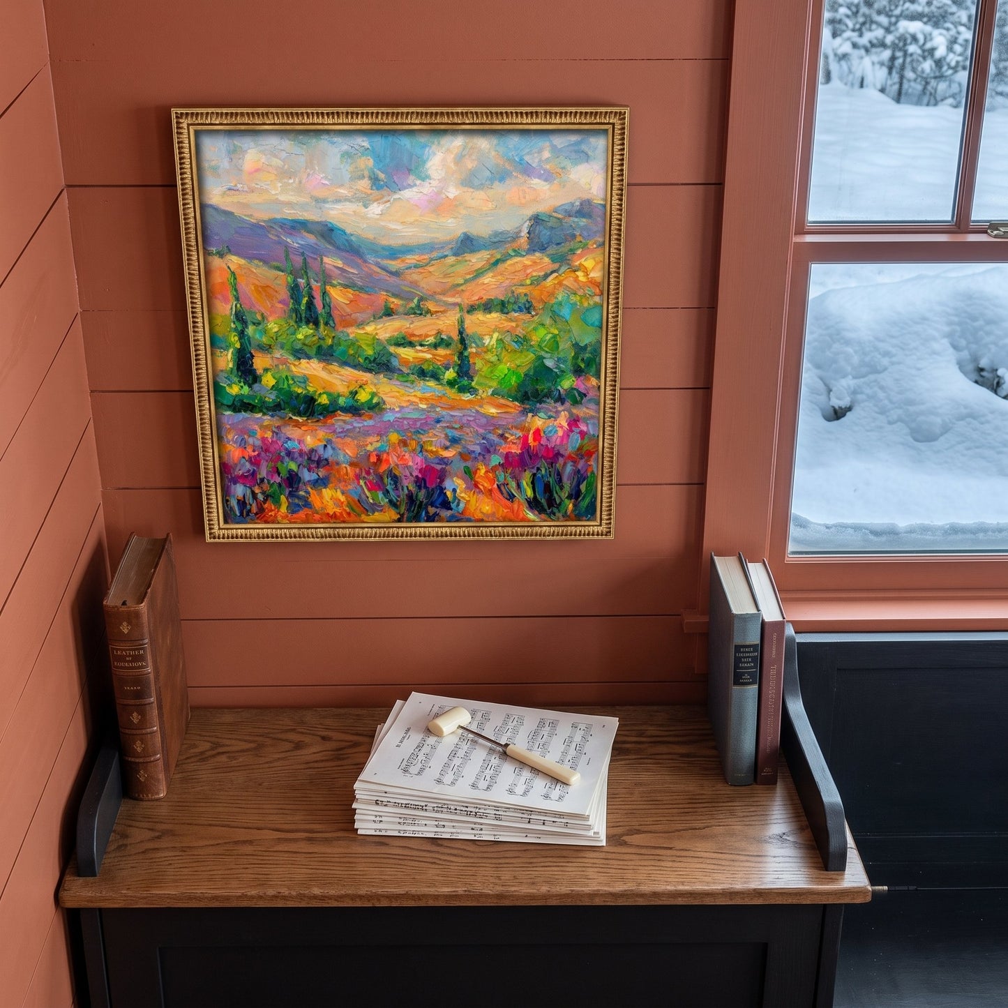 Rustic farmhouse study — Vibrant Impressionist landscape transforms the space with bold color and natural energy
