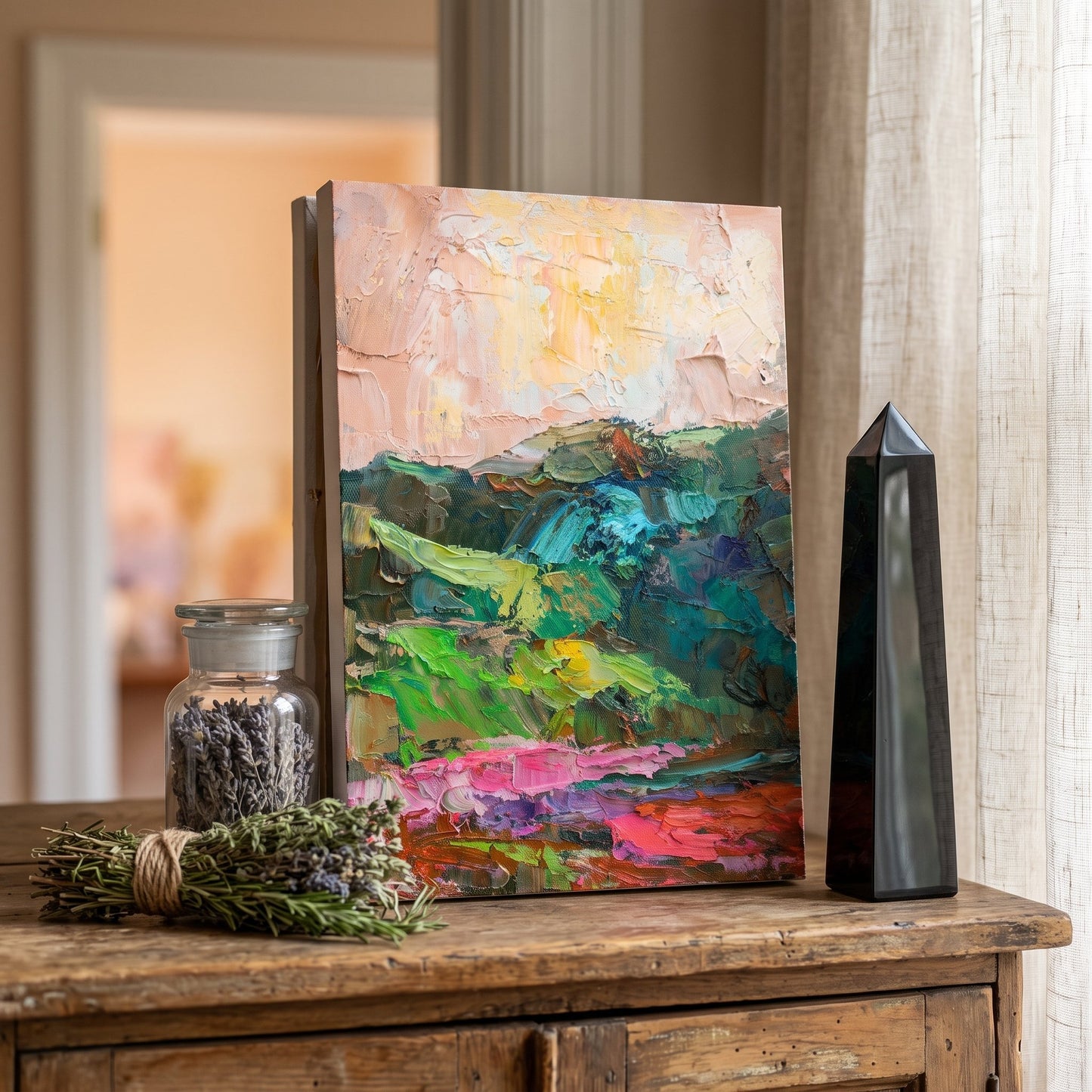 Rustic Farmhouse Entryway — Vibrant expressionist landscape painting elevates the space with bold color and textured brushwork
