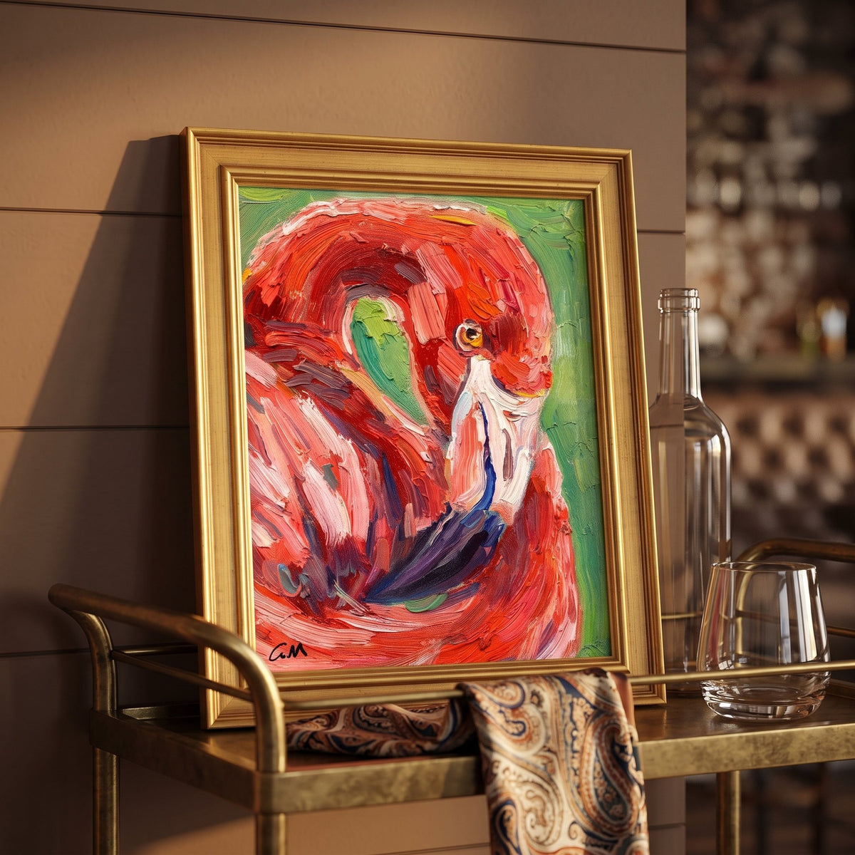 Contemporary living room — vibrant expressionist flamingo painting adds bold color and artistic flair to warm, eclectic decor