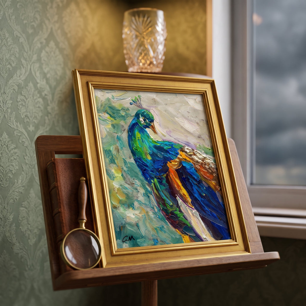 Vintage study — vibrant peacock painting adds color and life to classic decor