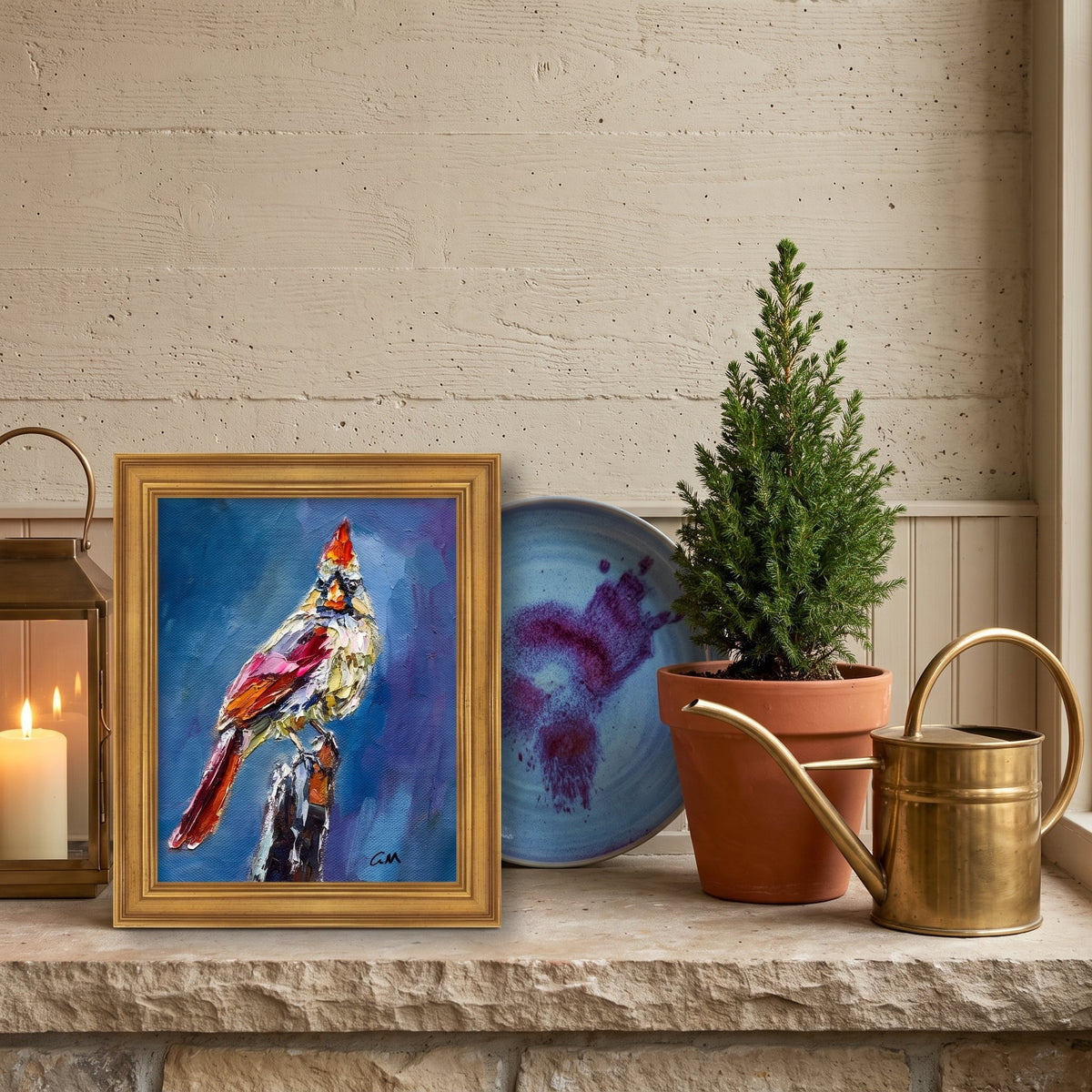 Rustic Farmhouse Entryway — Vibrant expressionist bird painting adds color and character to a natural, textured space