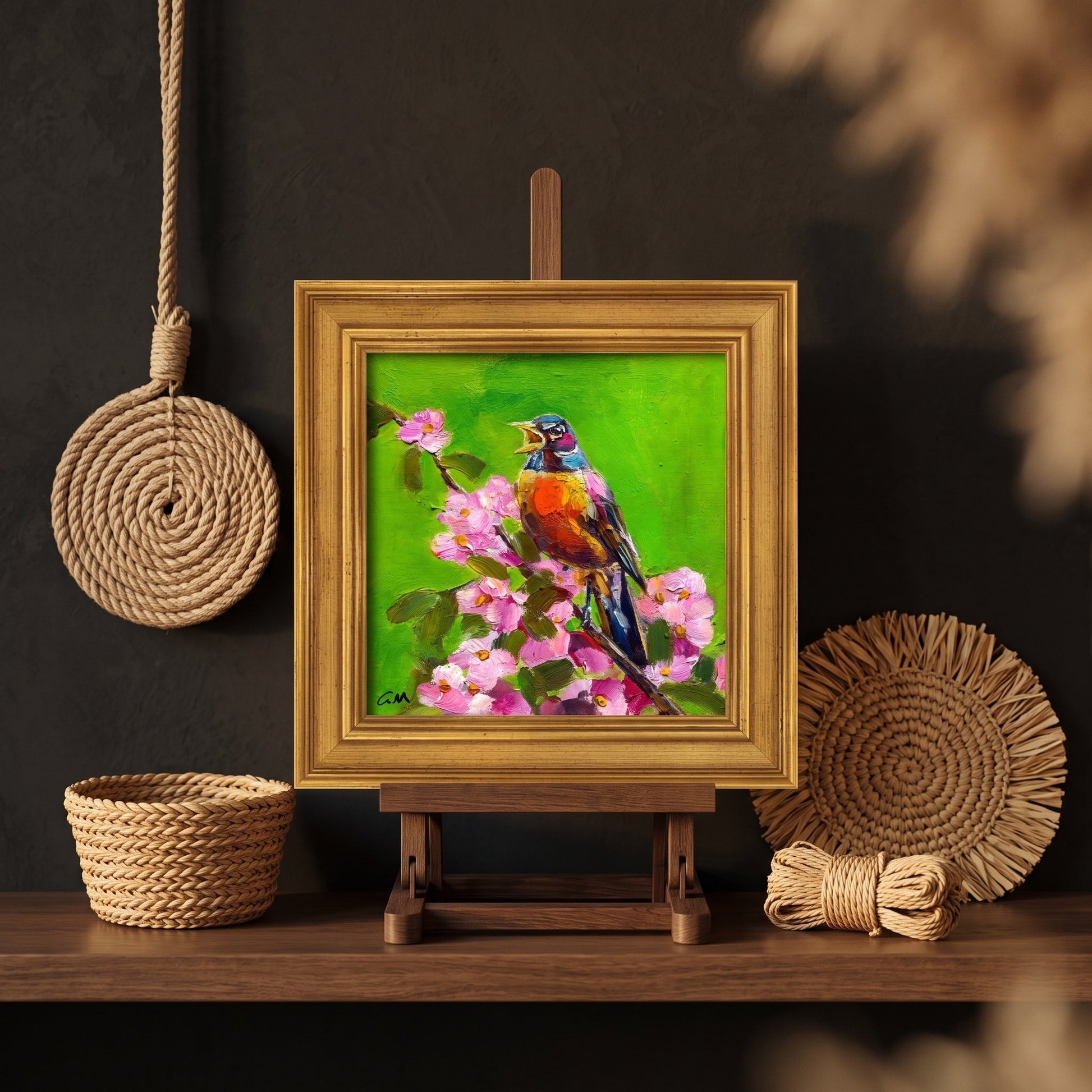 Rustic Farmhouse Entryway — Vibrant bird and floral oil painting adds life and color to natural textures