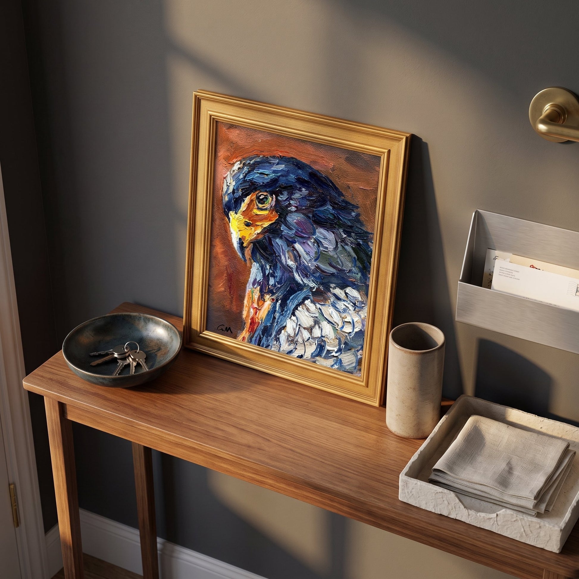 Contemporary entryway — Expressive bird painting adds bold artistry and warmth to minimalist space
