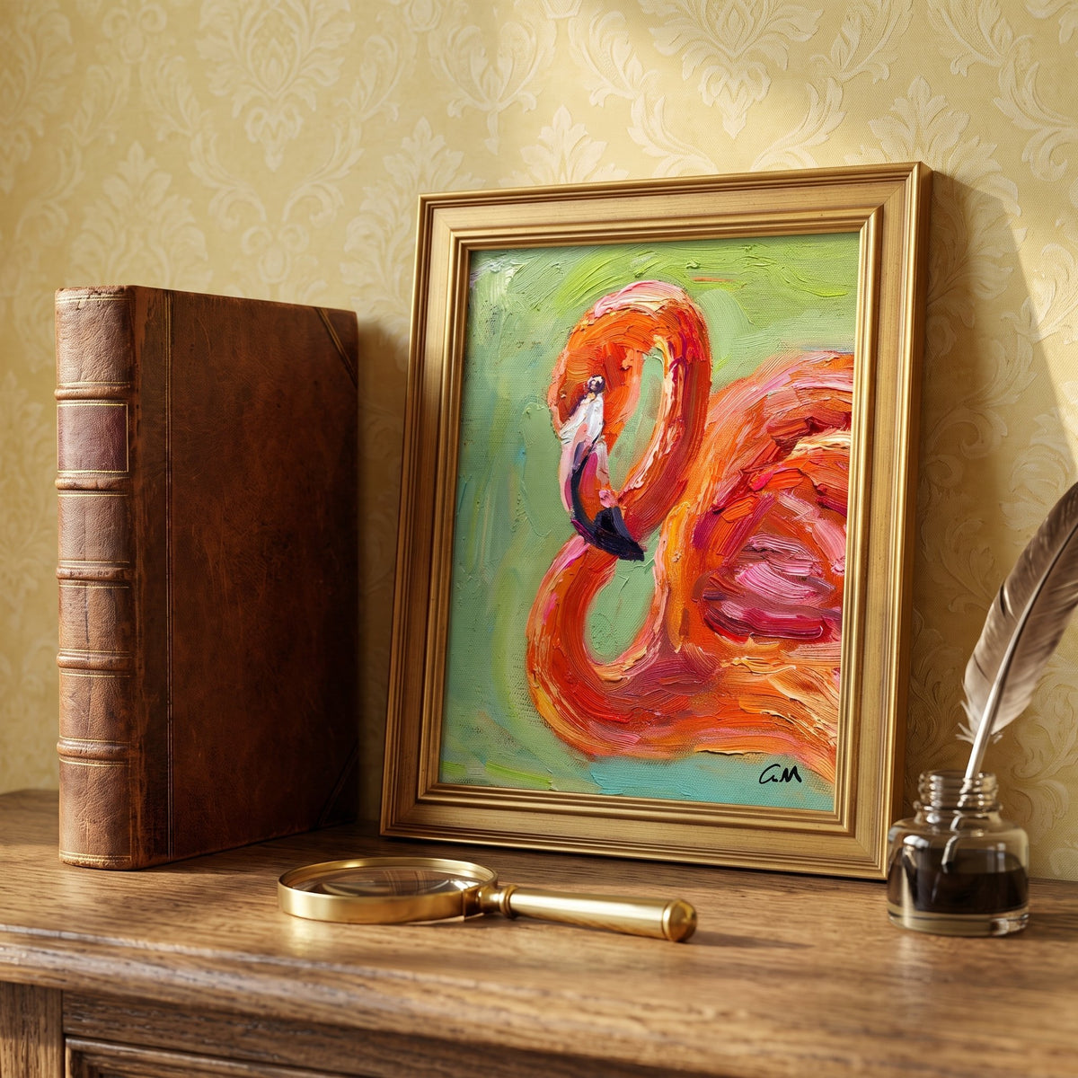 Vintage study — vibrant expressionist flamingo painting adds color and character to classic decor