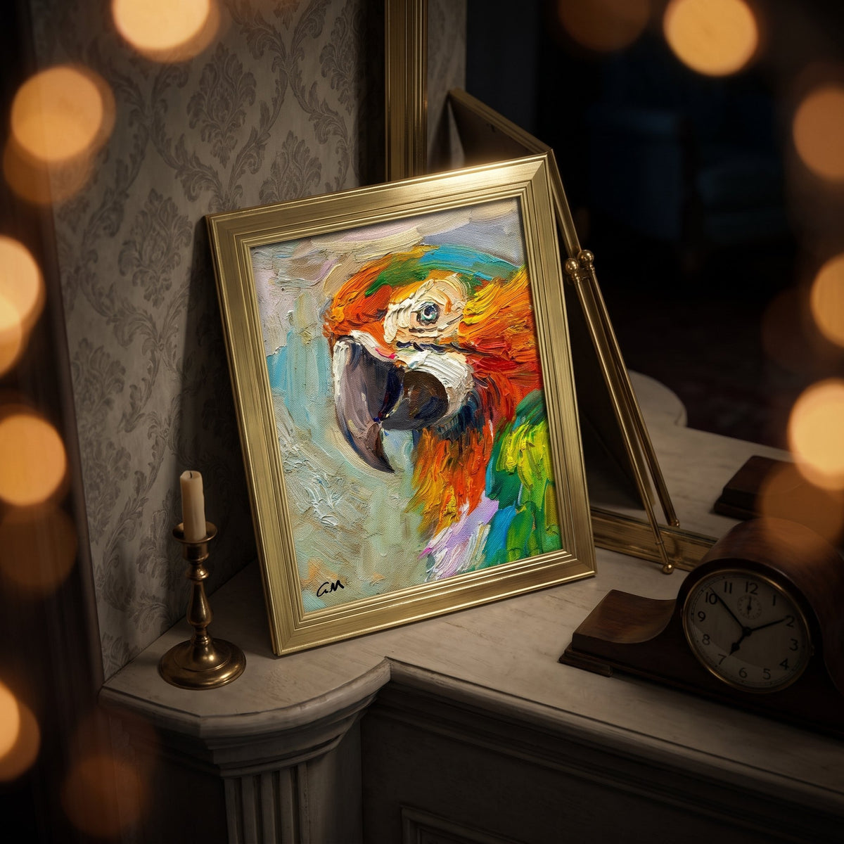 Victorian entryway — vibrant expressionist macaw painting adds color and life to classic decor