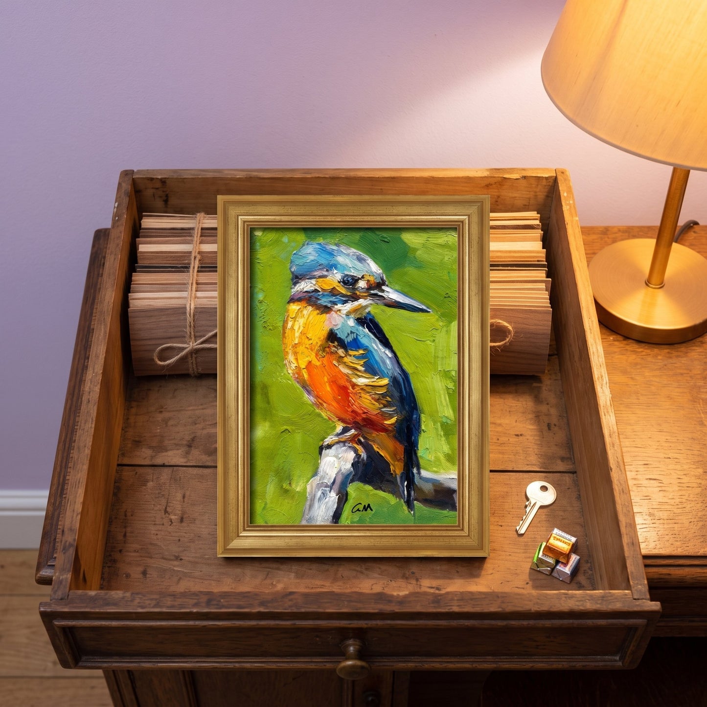 Rustic Farmhouse Bedroom — Vibrant kingfisher painting adds natural energy and color contrast to warm wooden decor