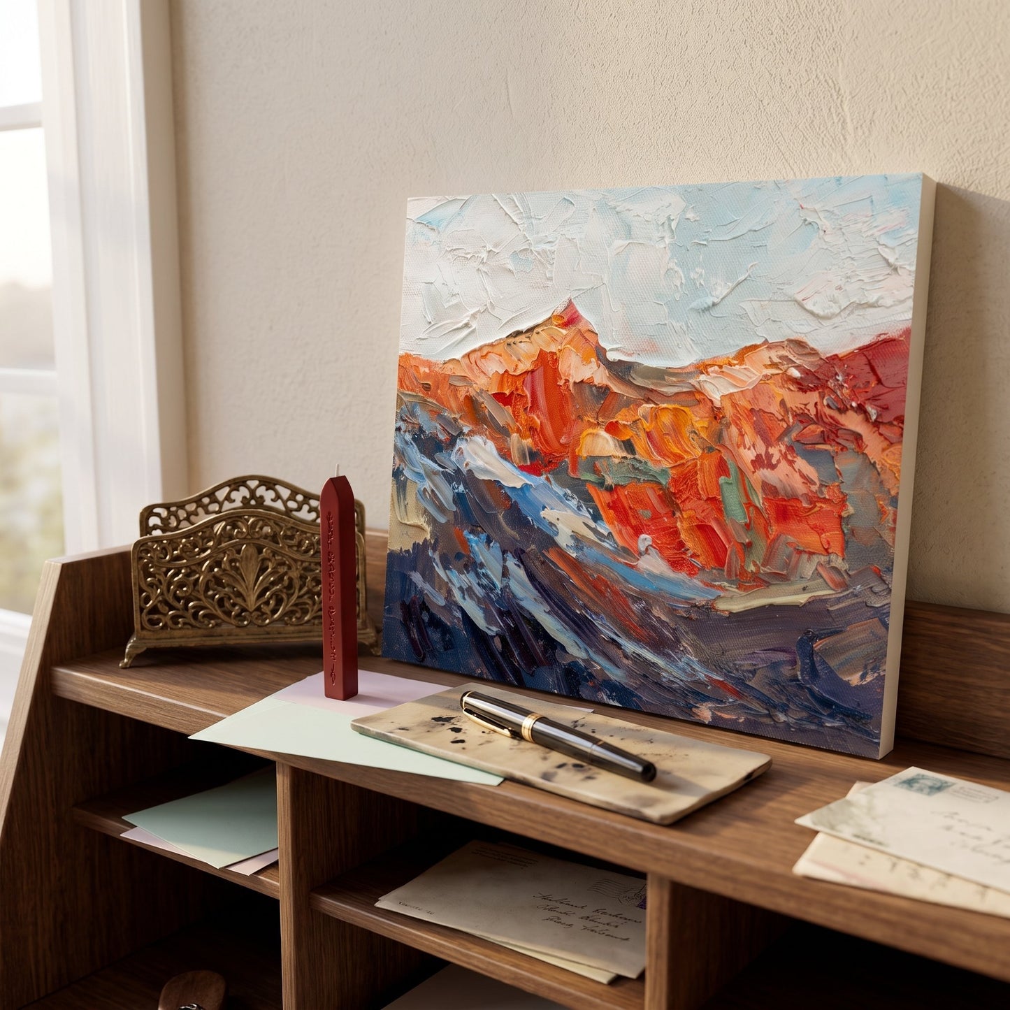 Home office, mid-century modern — vibrant abstract landscape painting elevates the space with expressive color and texture
