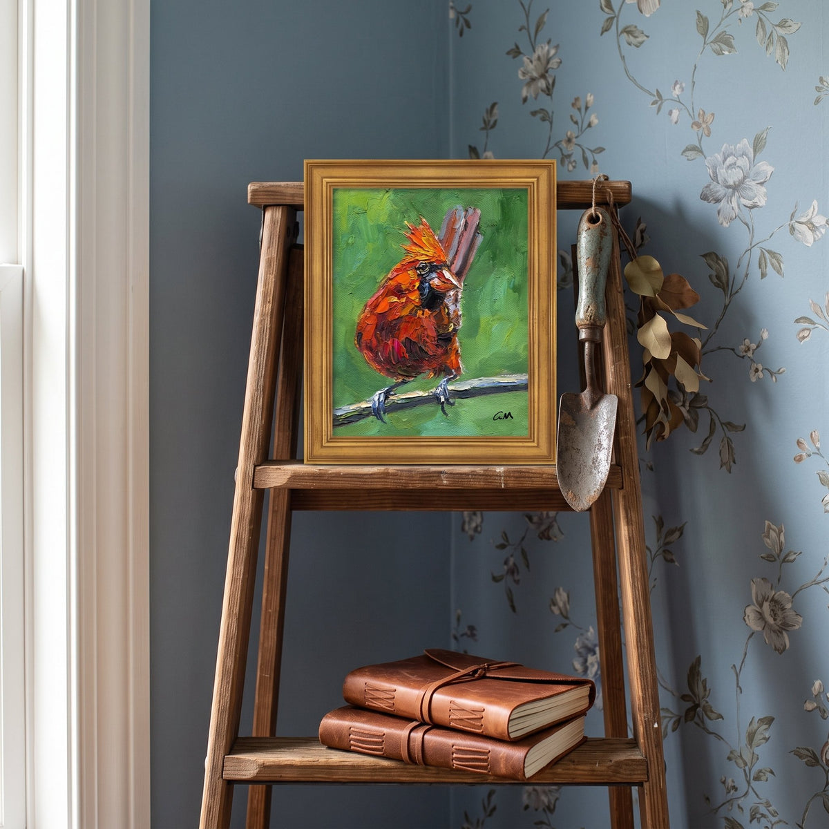 Rustic Farmhouse Entryway — Vibrant cardinal painting adds warmth and artistic flair to a charming, nature-inspired space
