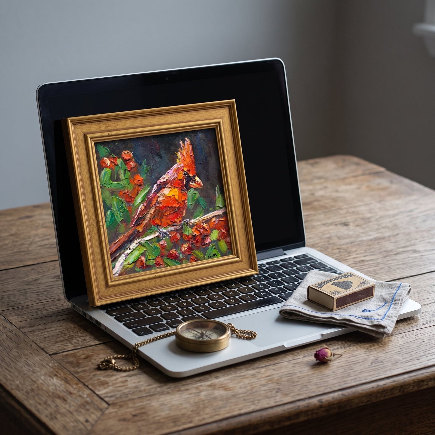 Rustic farmhouse study — Original Expressionist cardinal painting adds vibrant color and nature-inspired charm to a serene workspace