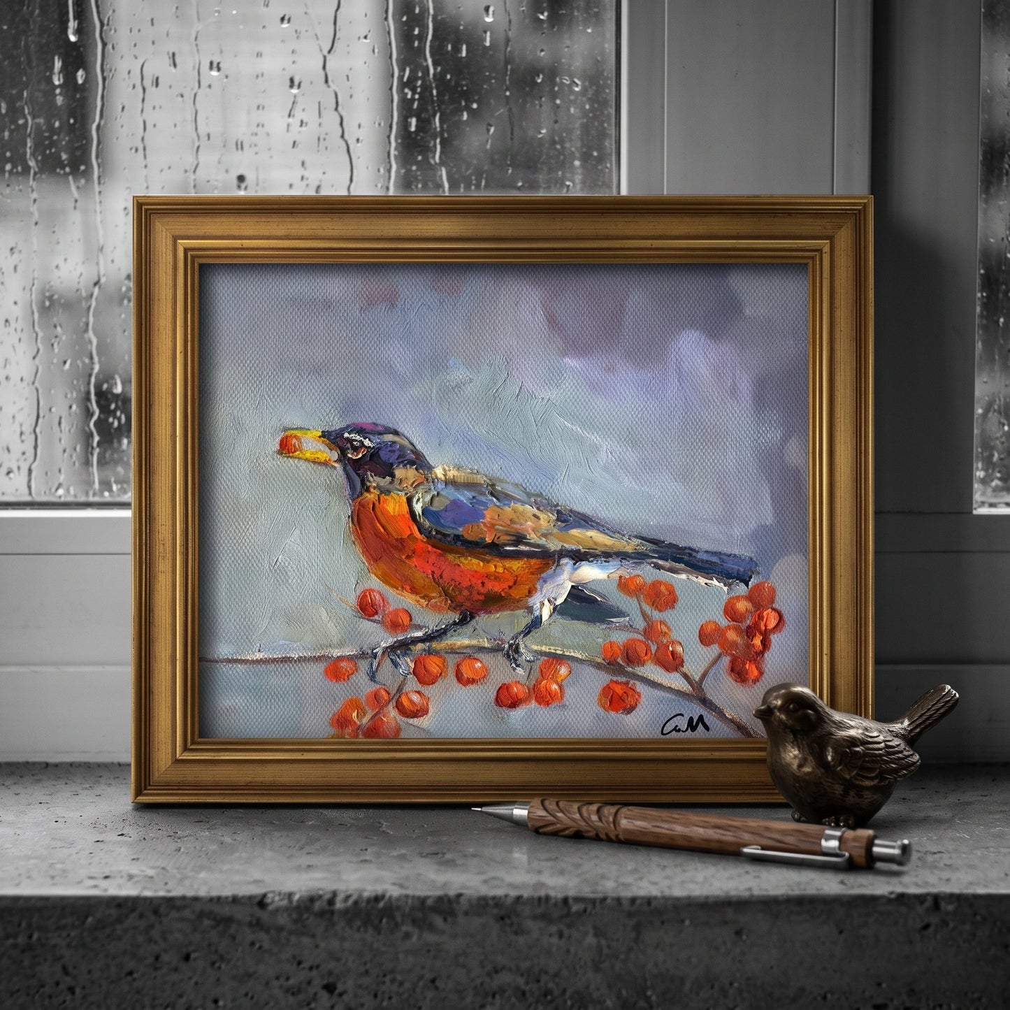 Contemporary entryway — vibrant Impressionist bird painting adds warmth and nature to minimalist space