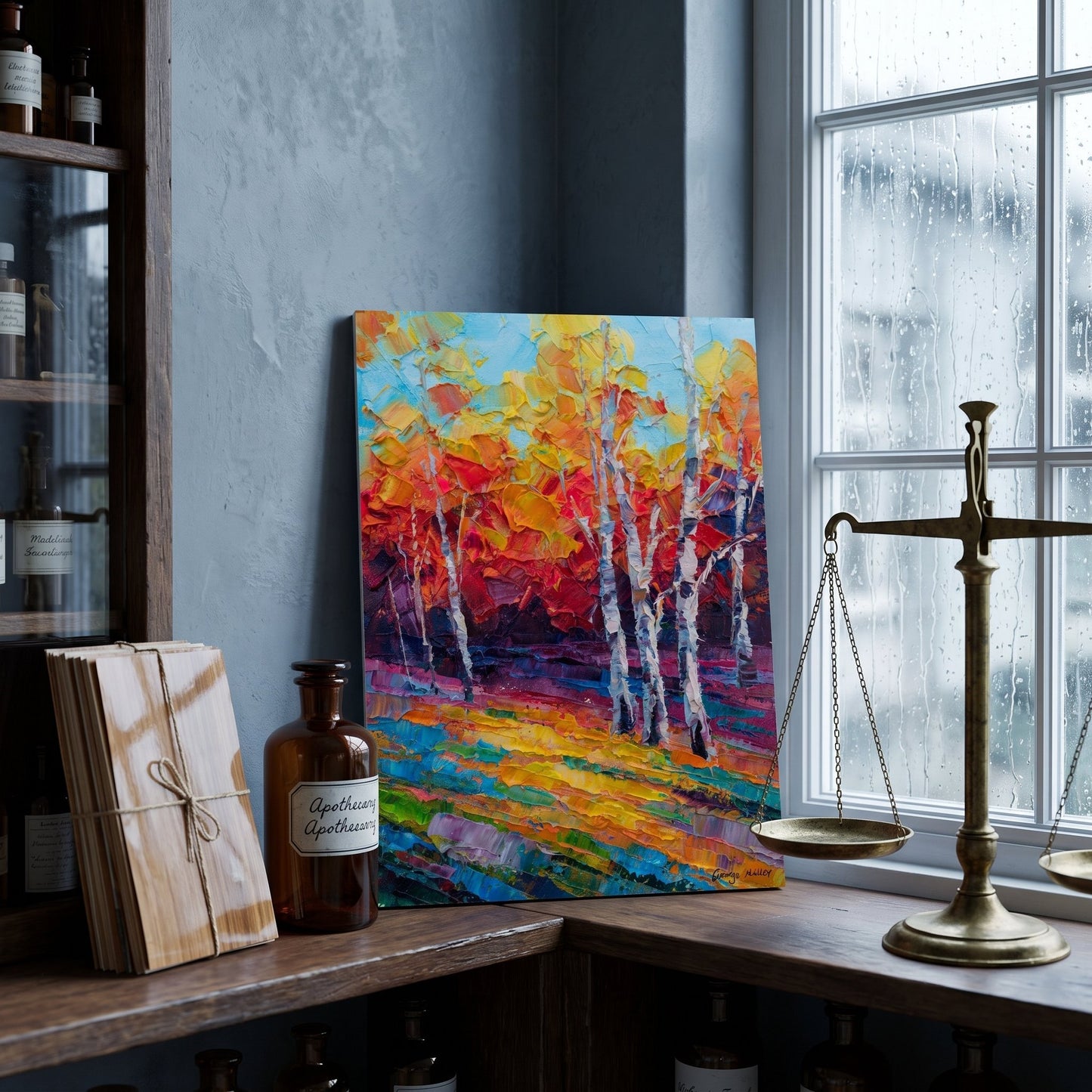 Rustic Farmhouse Study — Vibrant Expressionist Landscape Adds Warmth and Artistic Energy to Cozy Workspace
