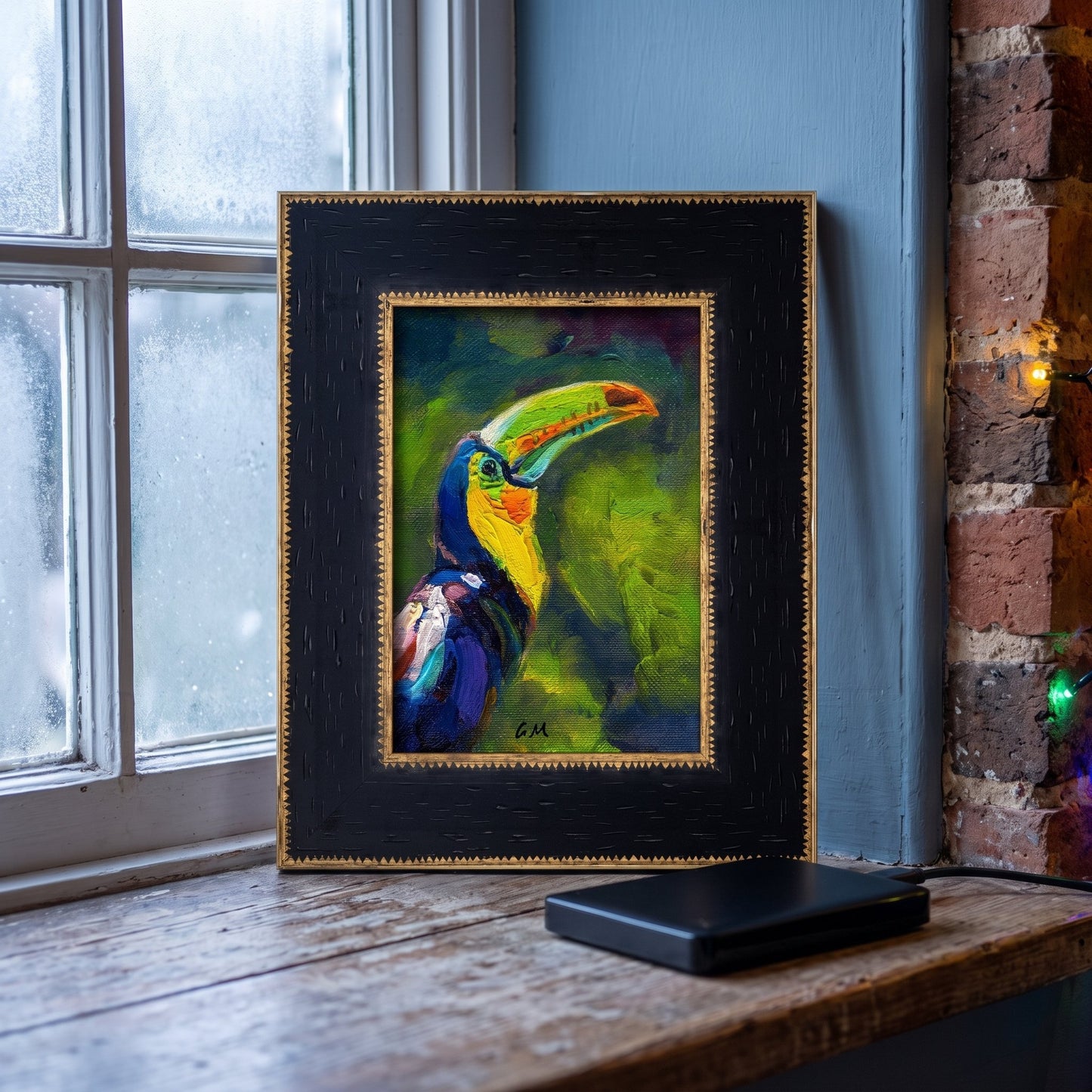 Rustic farmhouse entryway — vibrant expressionist toucan painting adds tropical color and artistic energy to the space