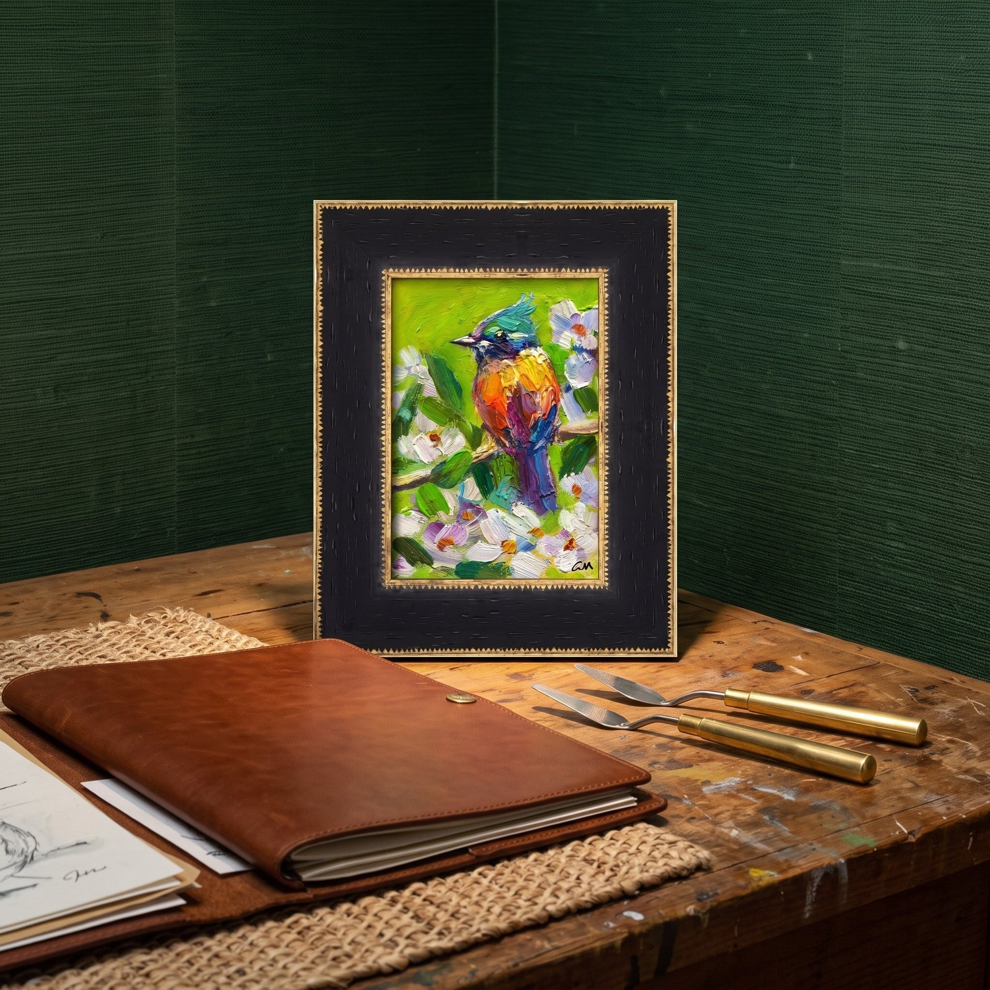 Rustic Farmhouse Study — Vibrant expressionist bird painting adds color and life to a warm, textured workspace