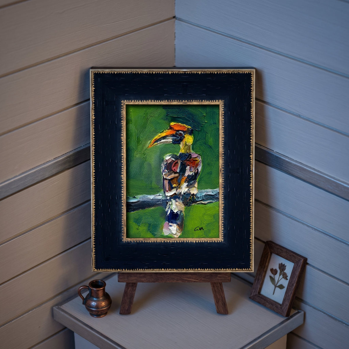 Rustic Farmhouse Entryway — Expressionist bird painting adds vibrant color and texture to a serene, handcrafted space