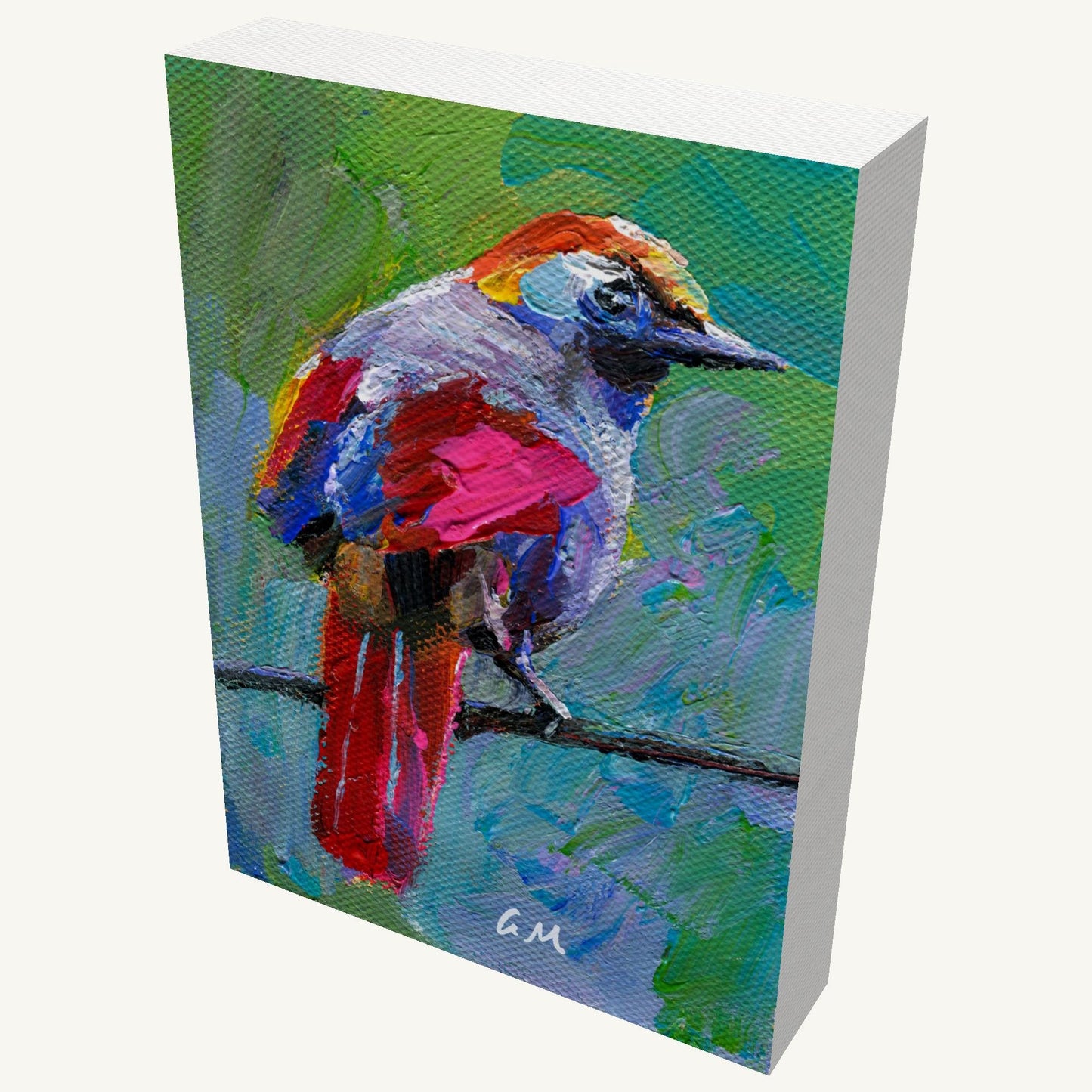 Vibrant oil painting of a colorful bird perched on a branch, gallery-wrapped canvas with visible depth and side edges, unframed and ready to hang