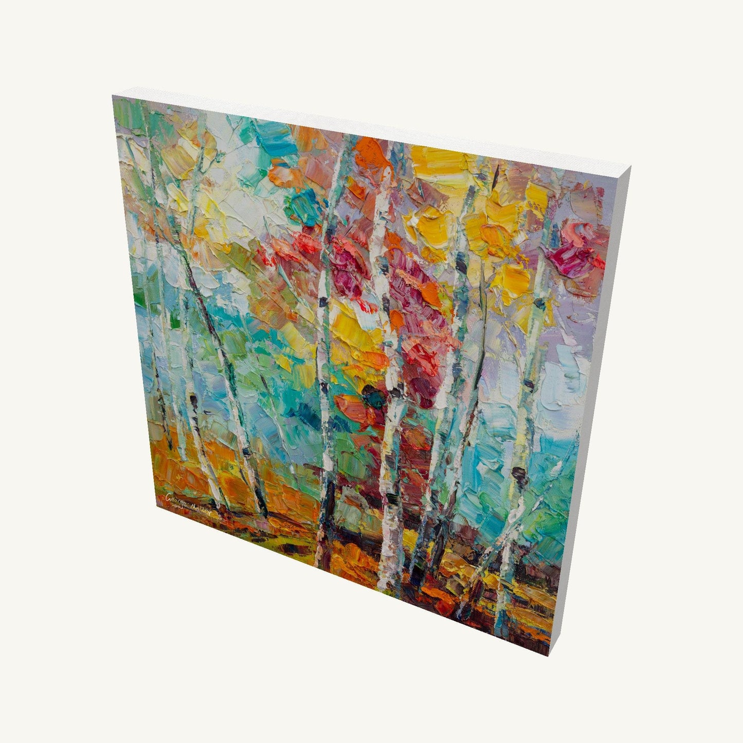 Vibrant autumn aspen trees in oil painting on gallery-wrapped canvas, viewed at an angle showing depth and painted sides, unframed and ready to hang