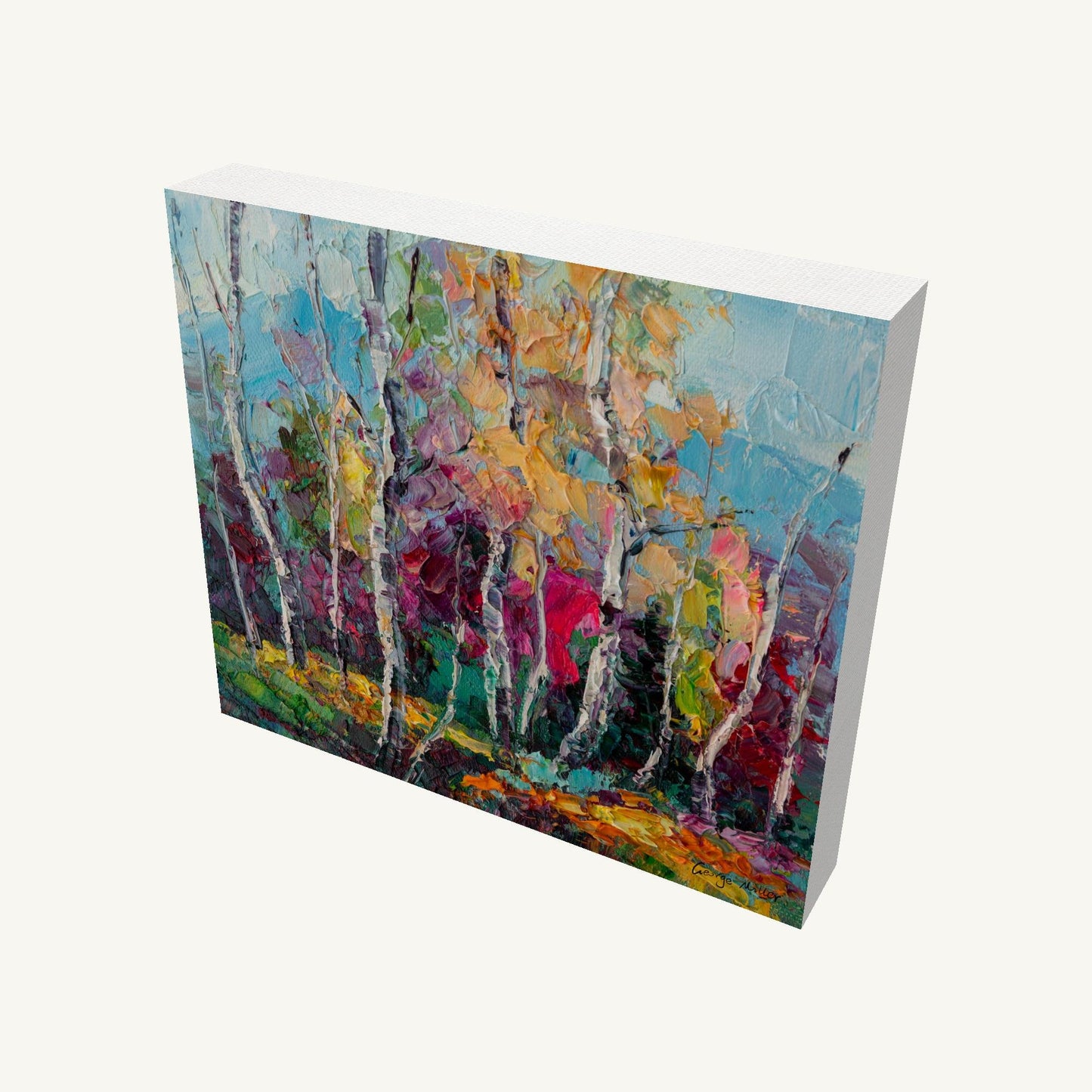 Vertical oil painting of a birch forest with thick impasto texture, gallery-wrapped on canvas, viewed at an angle showing depth and painted sides