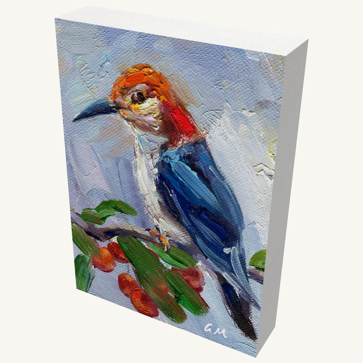 Hand-painted woodpecker oil painting on gallery-wrapped canvas, angled view showing depth and texture, initialed by artist, unframed and ready to hang