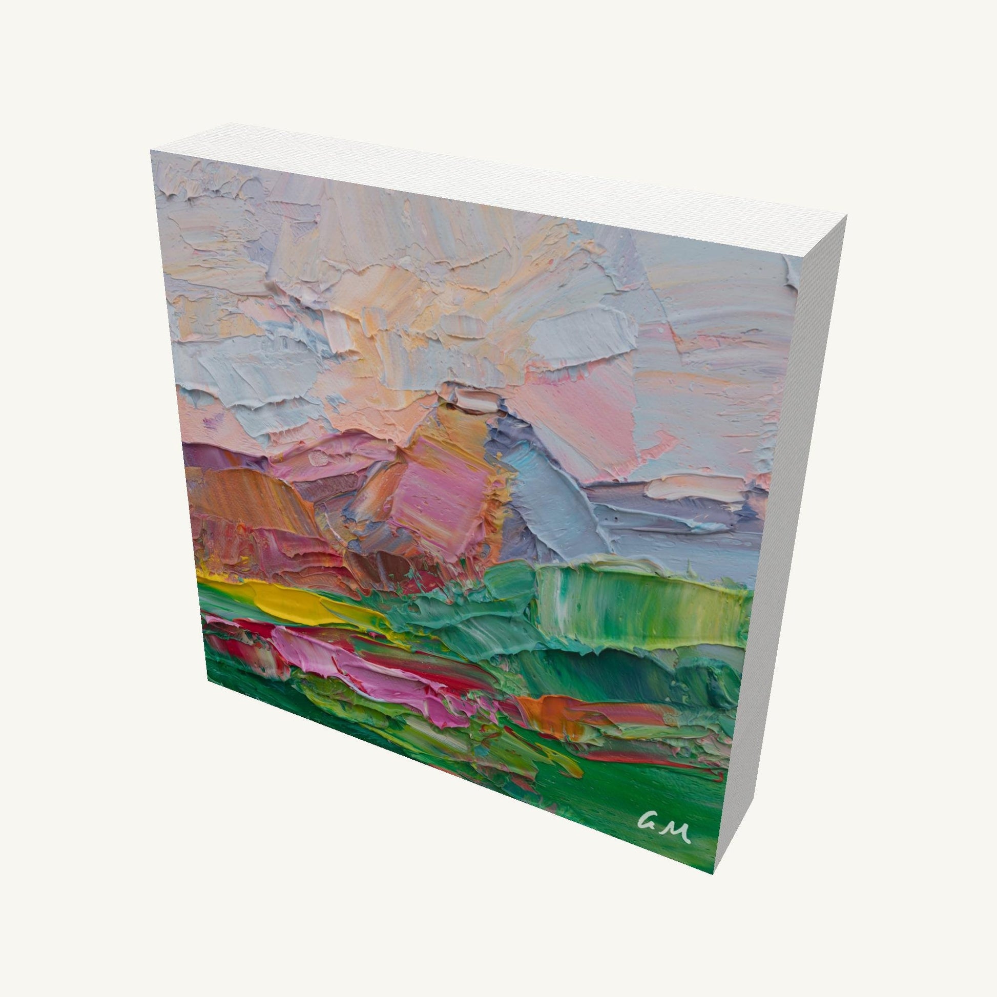 Abstract landscape oil painting on gallery-wrapped canvas, 6x6 in, viewed at an angle showing textured brushwork, vibrant green, pink, and white hues, initialed corner, unframed, ready to hang