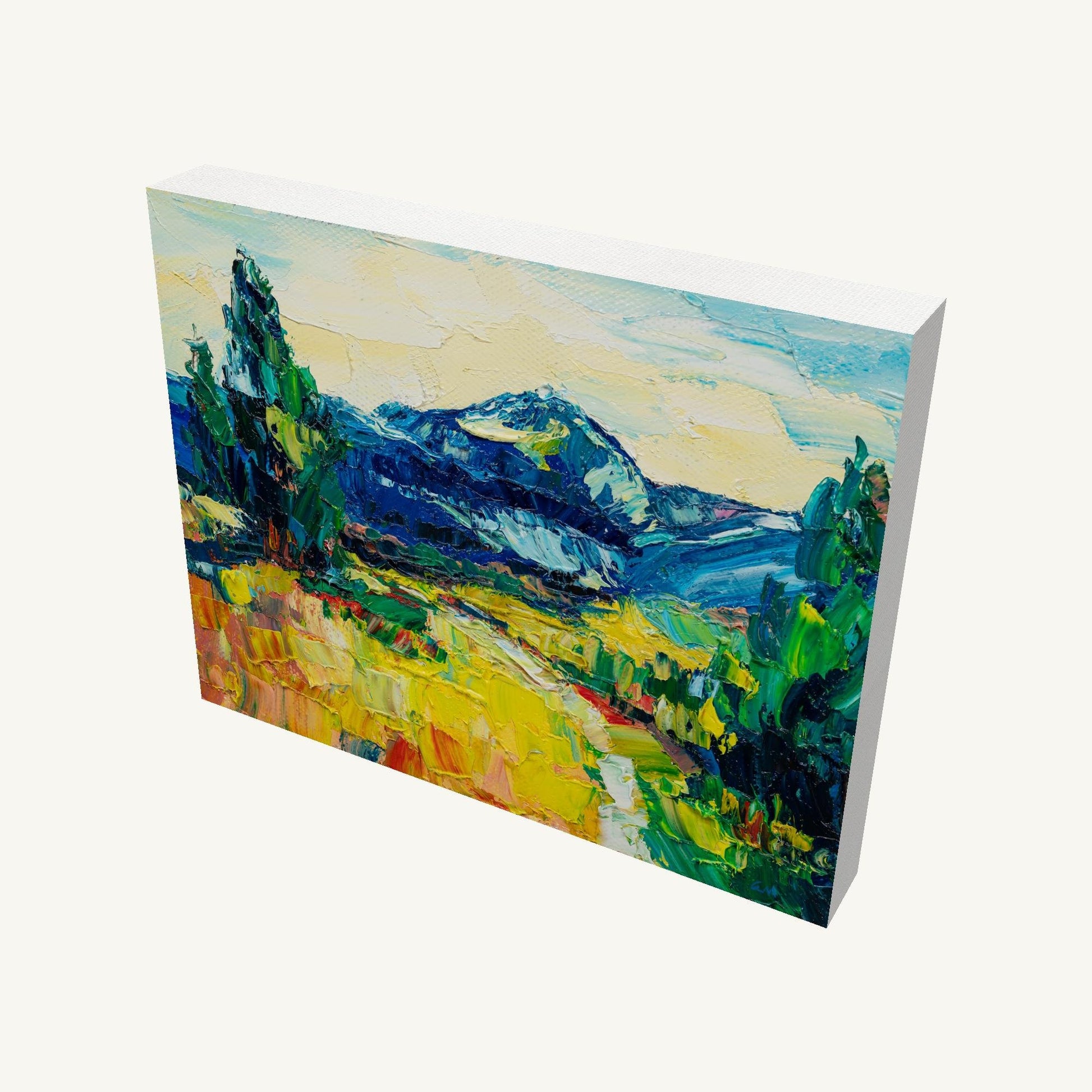 Vibrant mountain landscape oil painting on gallery-wrapped canvas, viewed at an angle, showcasing textured brushwork and side edges with visible depth and shadow