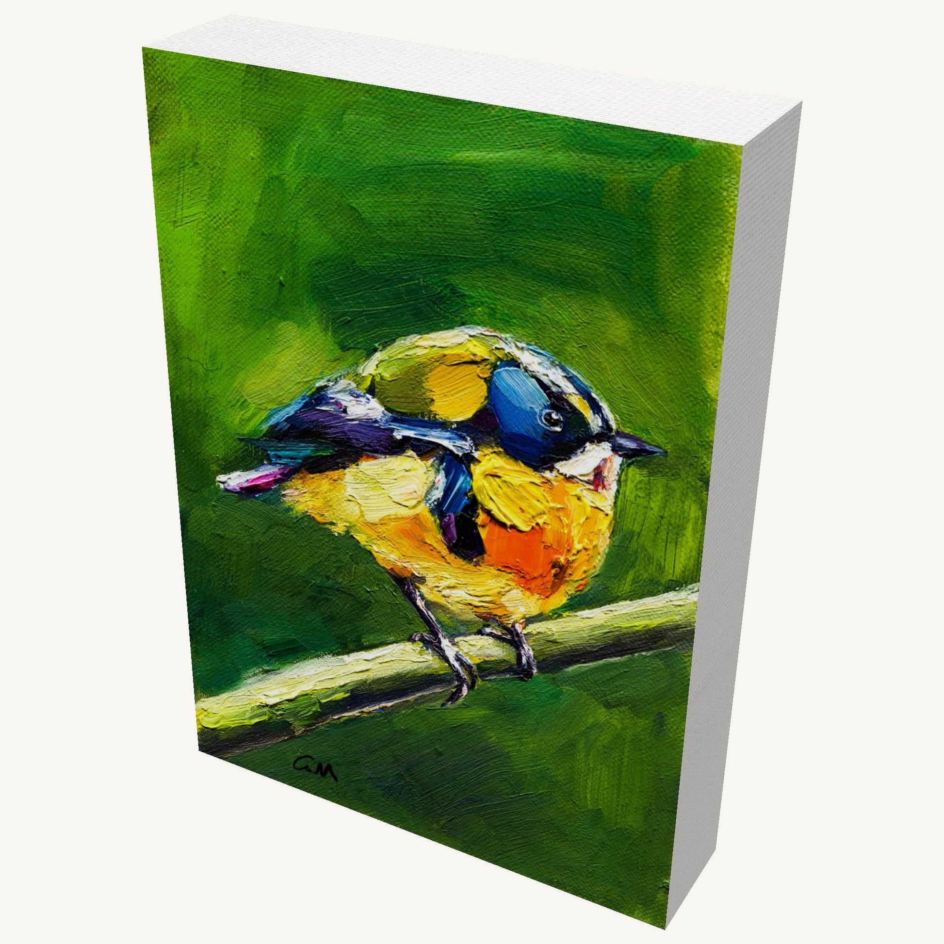 Hand-painted bird art on gallery-wrapped canvas, angled view showing depth and texture, vibrant colors, signed by artist, unframed and ready to hang