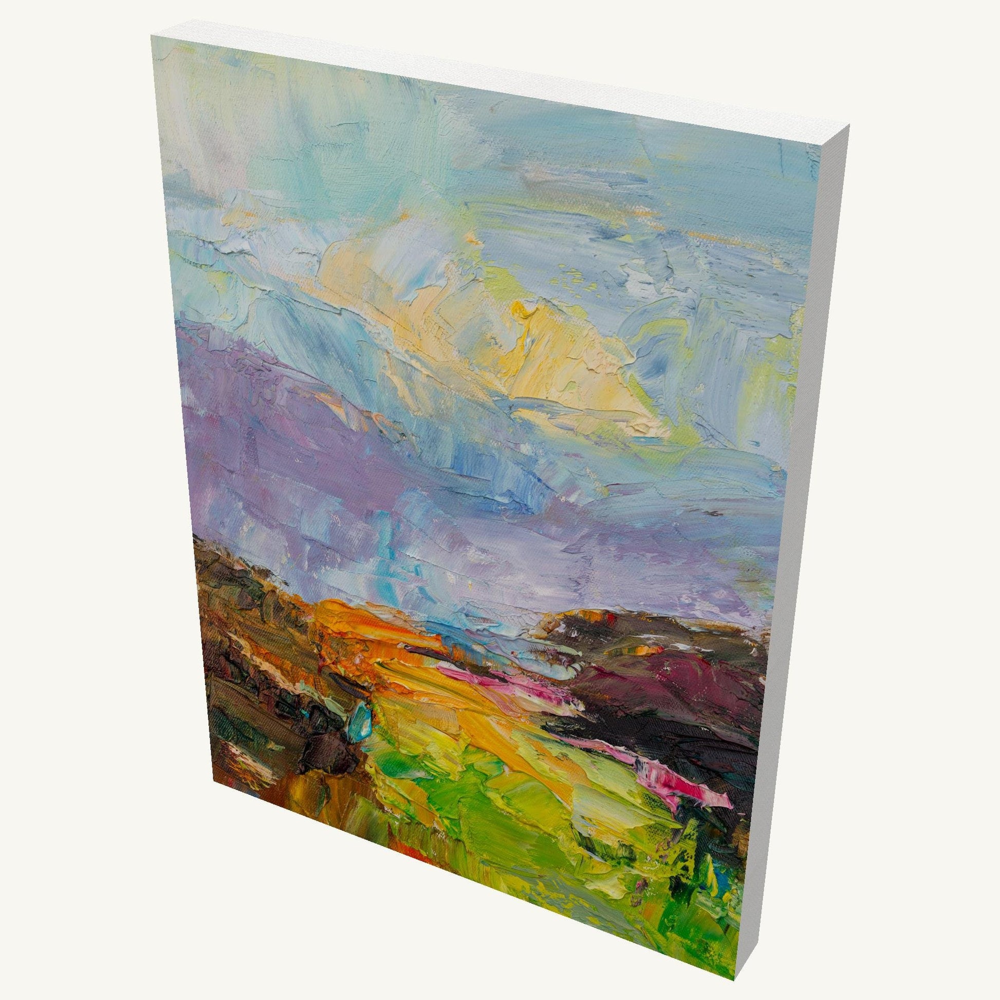 Vertical abstract landscape oil painting on gallery-wrapped canvas with textured palette knife strokes, viewed at an angle showing depth and side edges, unframed and ready to hang